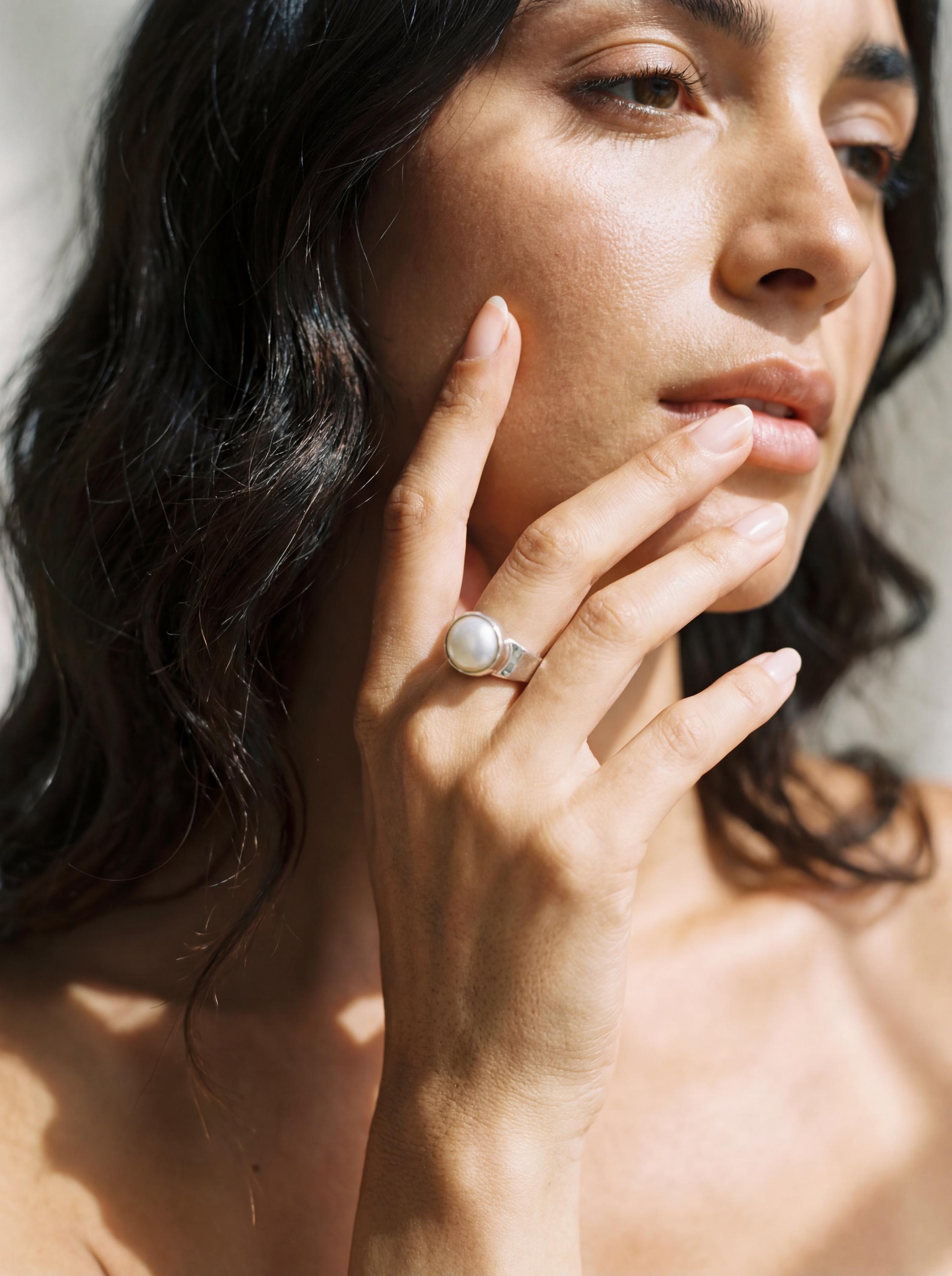 South Sea Pearl Ring: Hammered Sterling Silver Band, Unisex