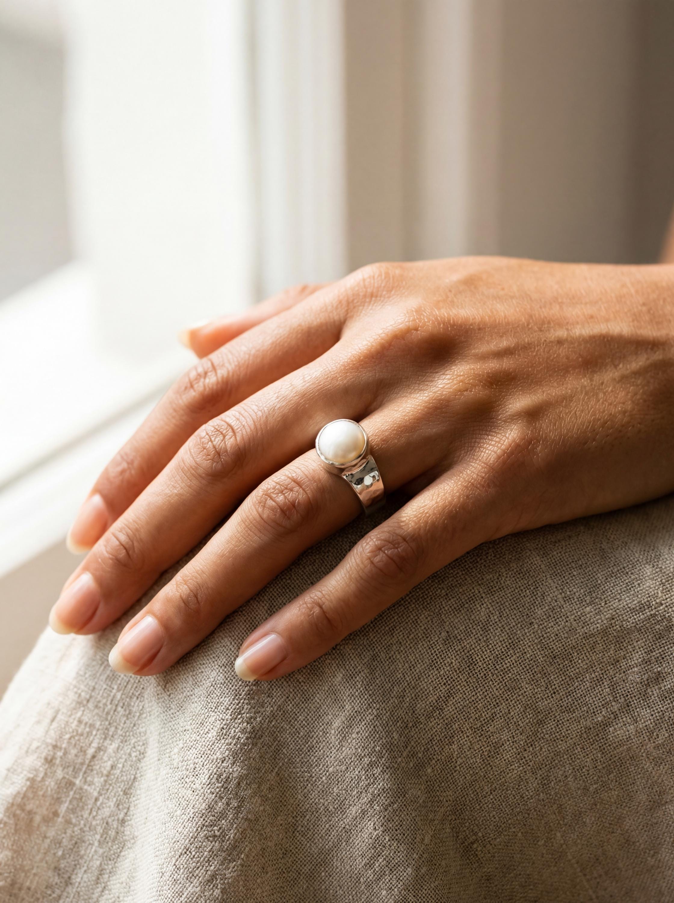 South Sea Pearl Ring: Hammered Sterling Silver Band, Unisex