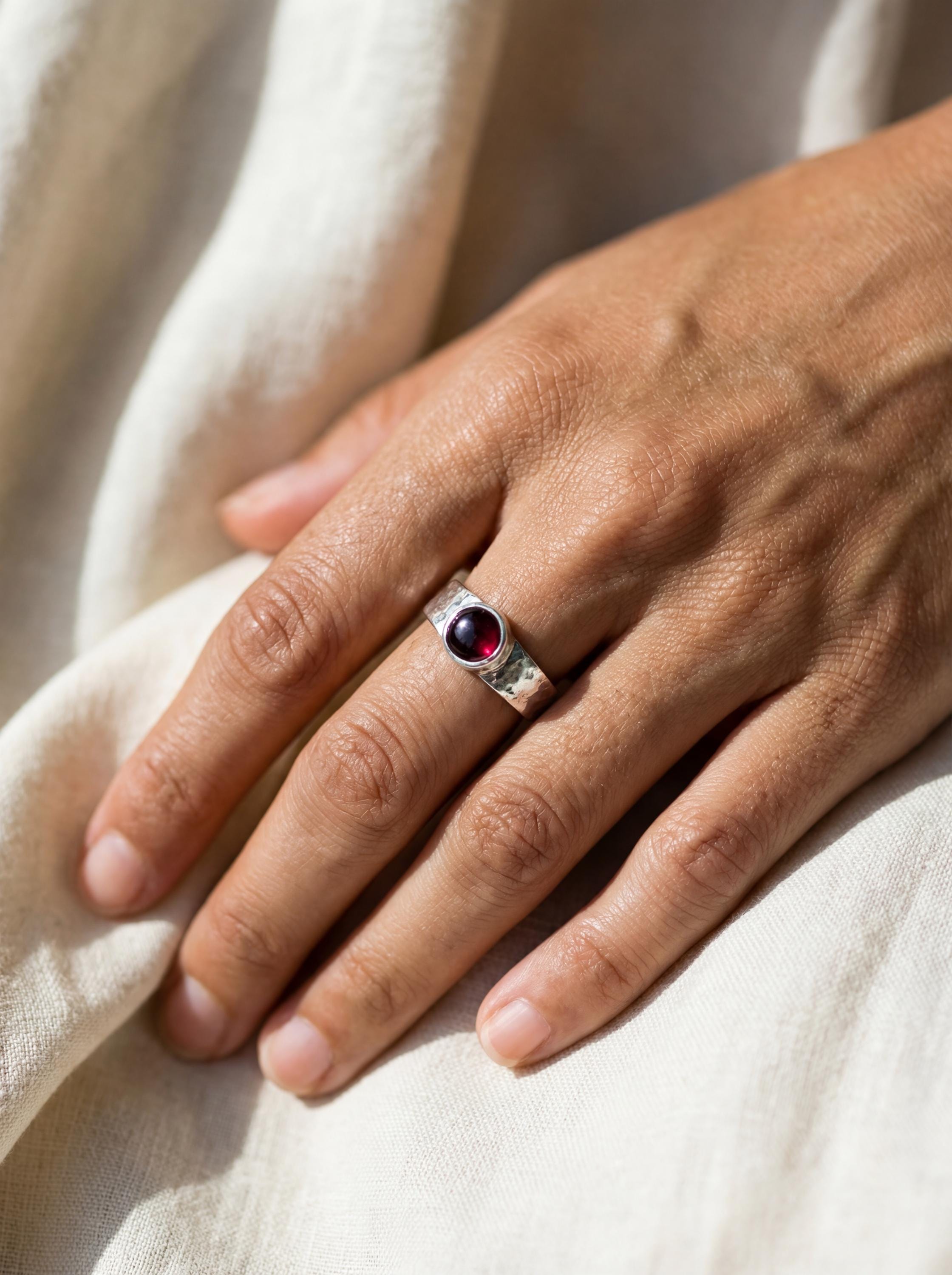 Red Garnet Sterling Silver Ring 925 Hammered Band High Shine Textured January Birthstone Capricorn Gift