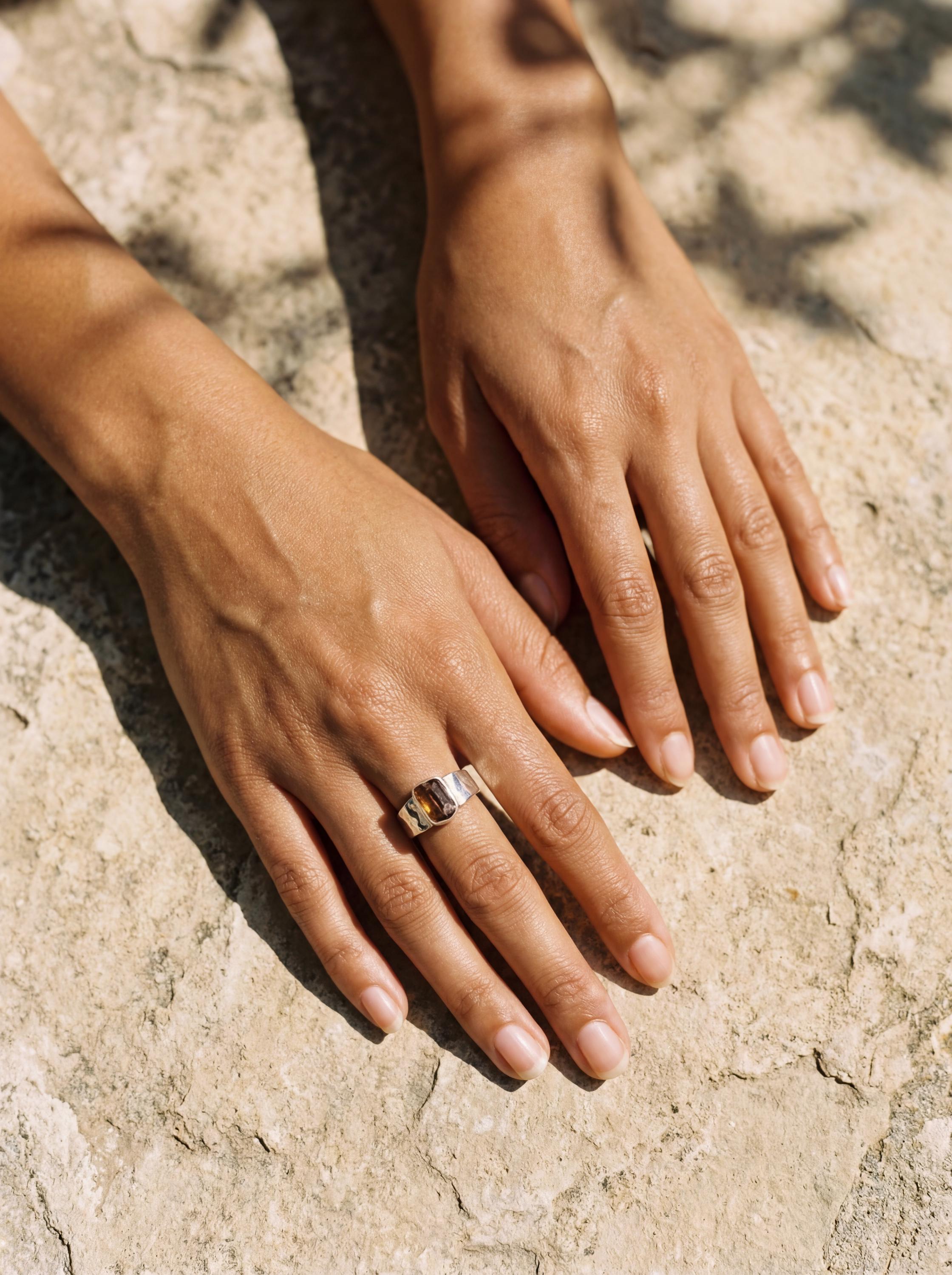 Himalayan Brown Tourmaline Ring: Hammered Sterling Silver Unisex Band