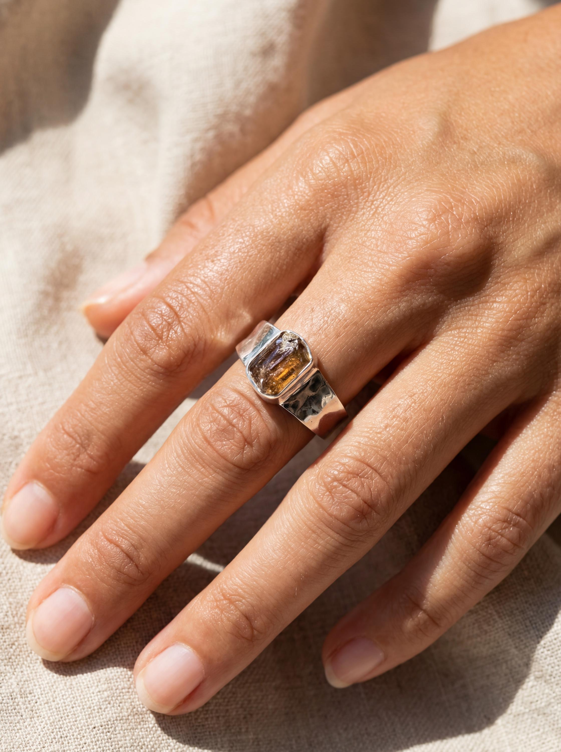 Himalayan Brown Tourmaline Ring: Hammered Sterling Silver Unisex Band