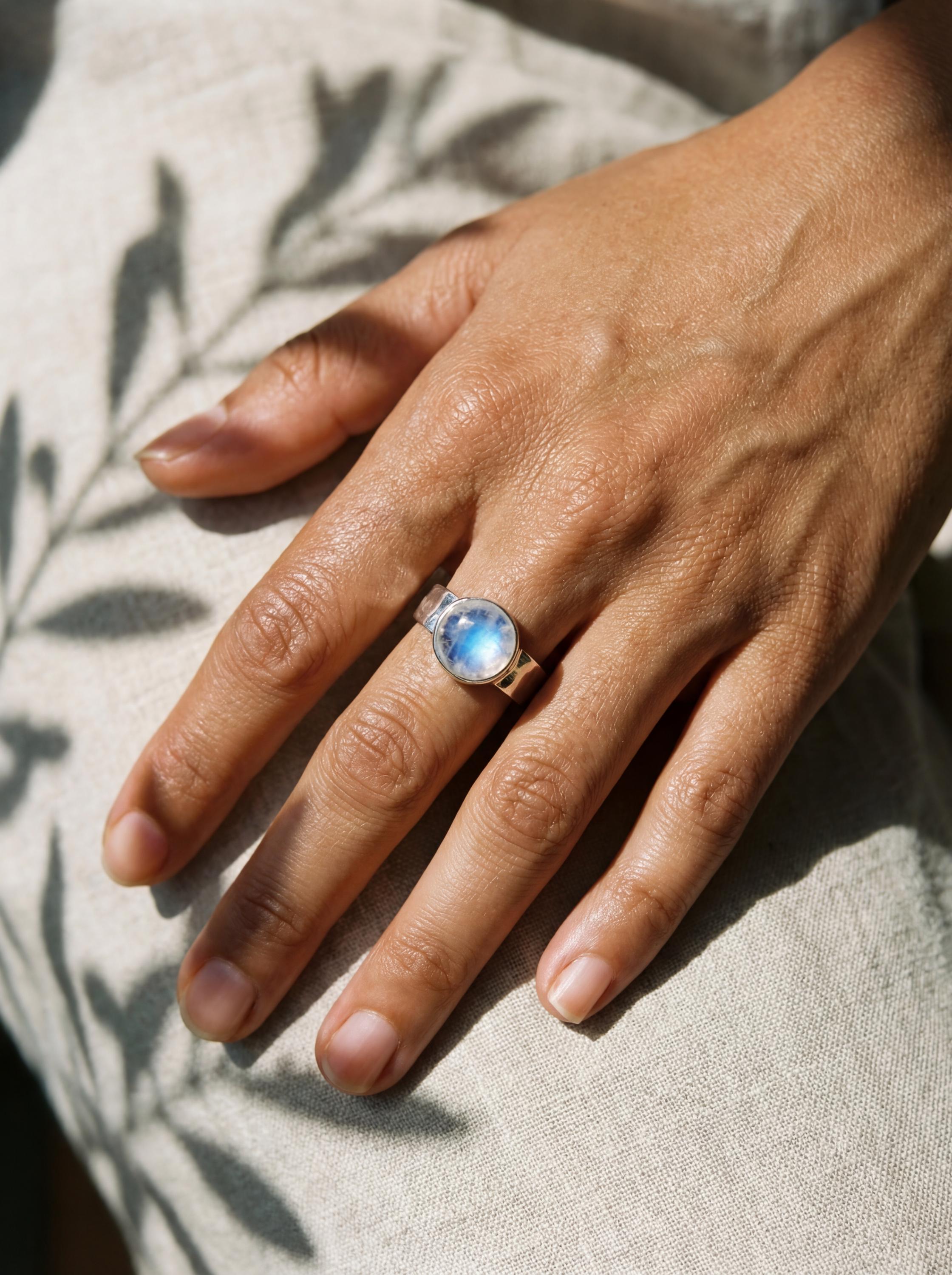 Blue Moonstone Ring: Hammered Sterling Silver Band, Unisex