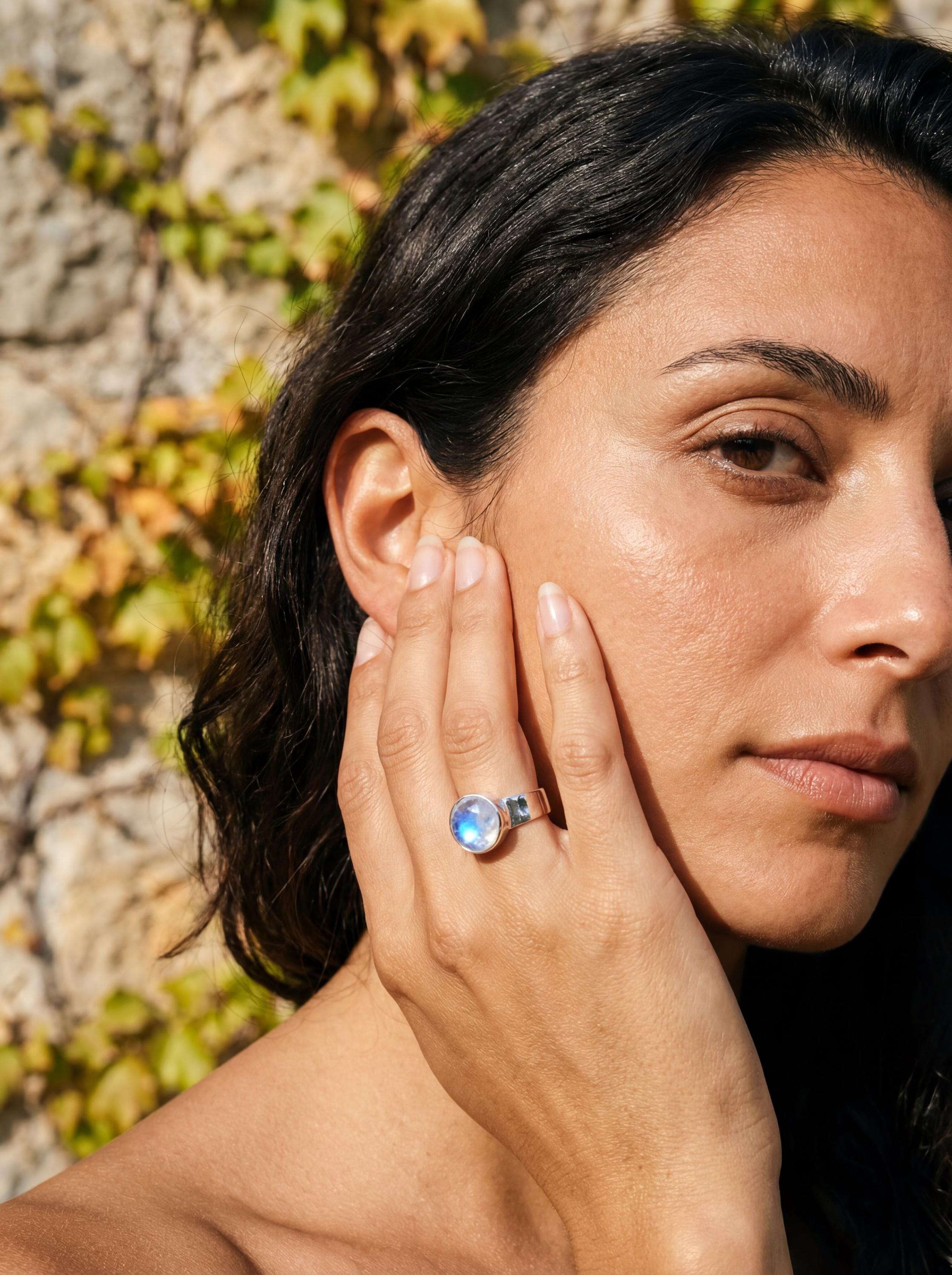 Blue Moonstone Ring: Hammered Sterling Silver Band, Unisex
