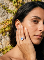 Blue Moonstone Ring: Hammered Sterling Silver Band, Unisex