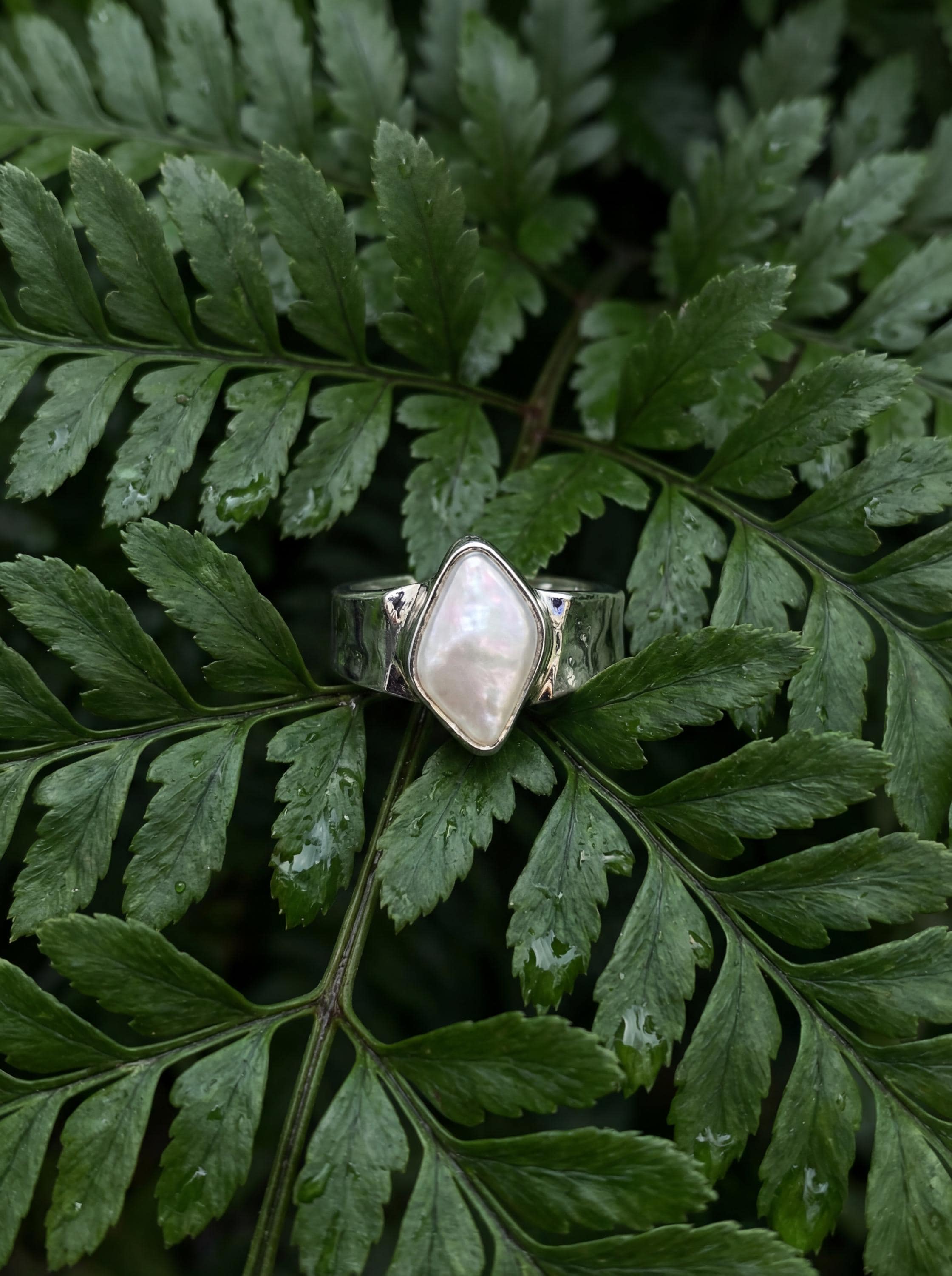 Hammered Sterling Silver Marquise Pearl Ring - Unisex