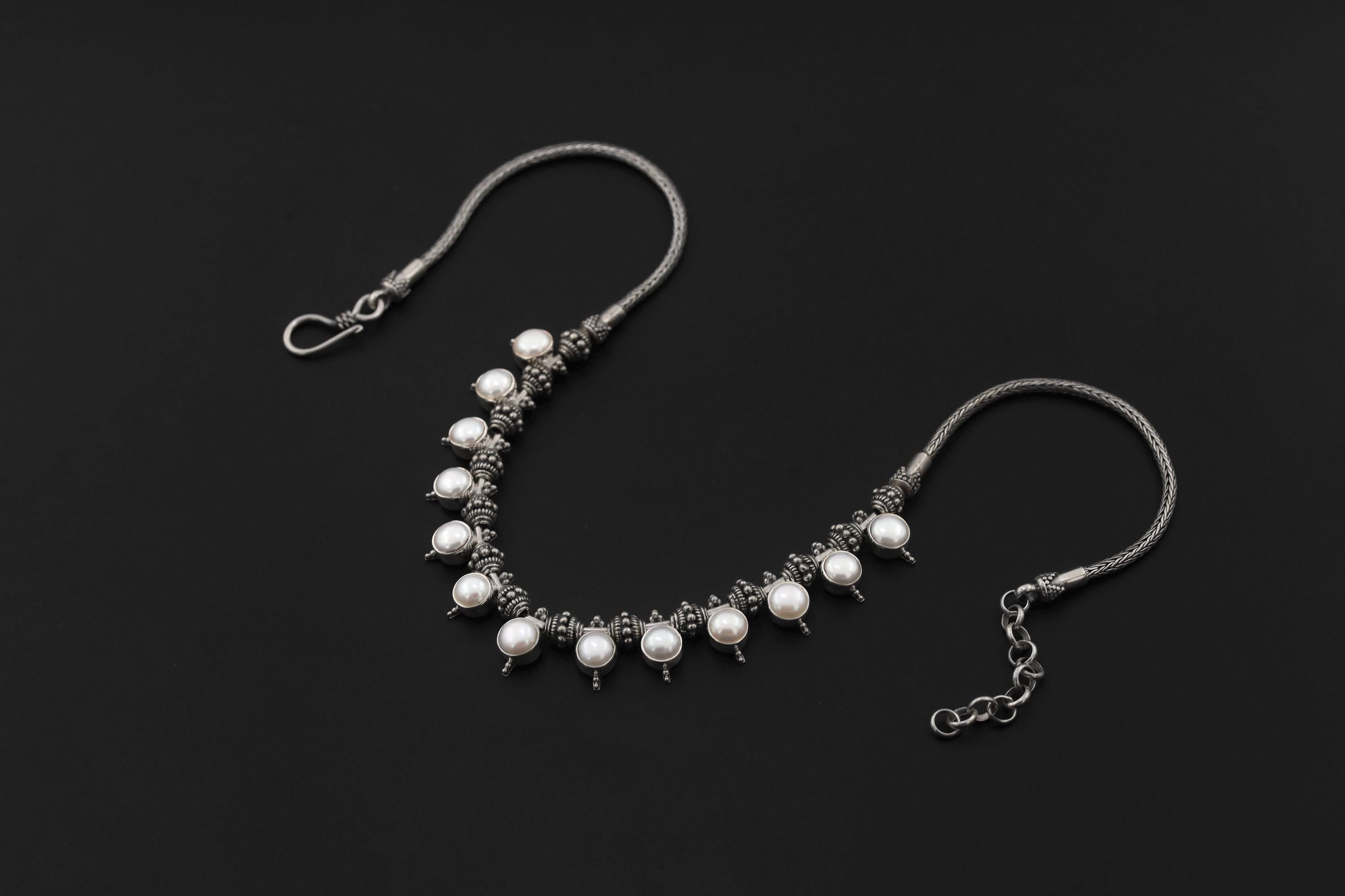 Pearl Beaded Necklace 925 Sterling Silver Balinese Beadwork Snake Chain Heart Crown Chakra Jewelry Gift