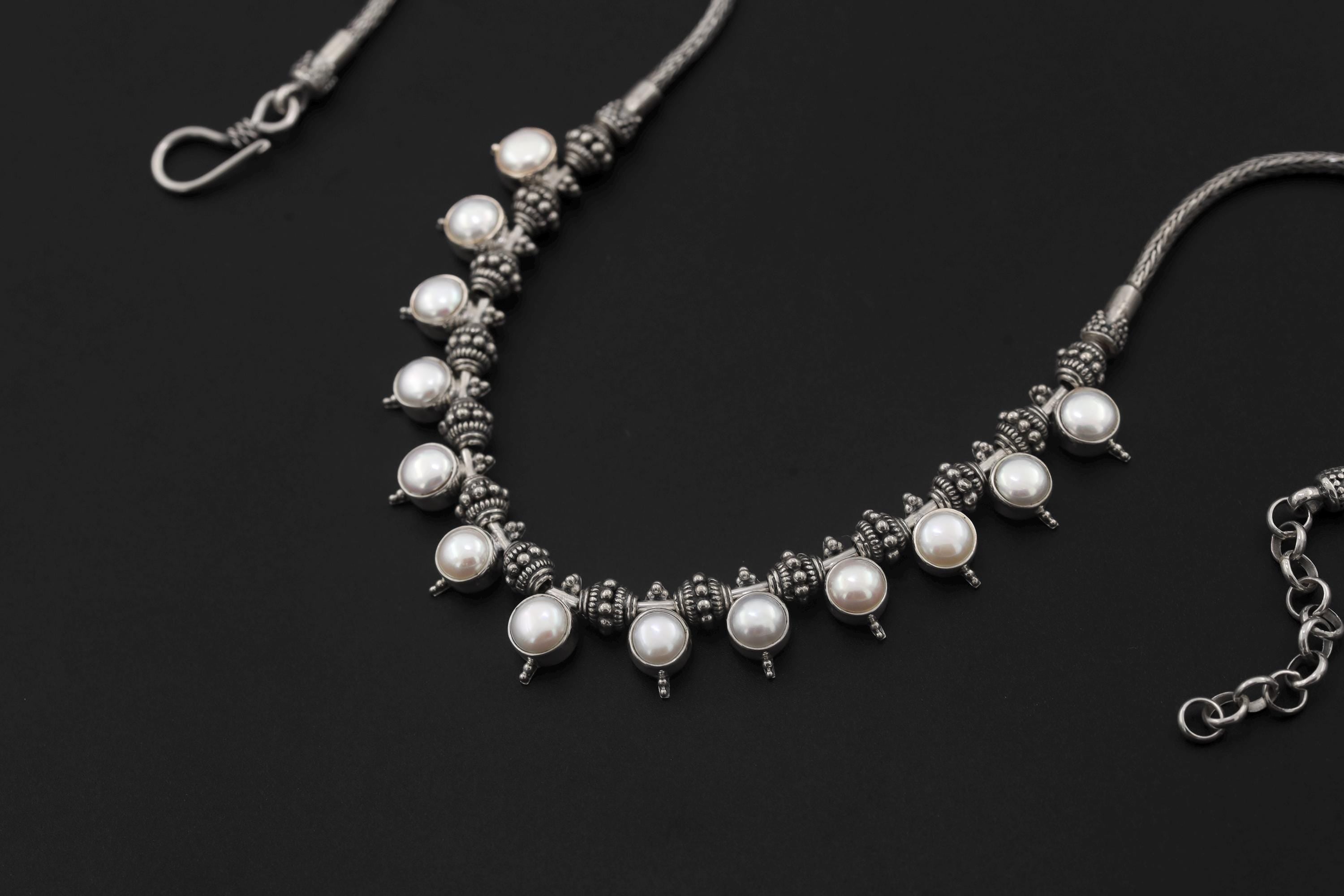 Handmade White Pearl Sterling Silver Necklace, Oxidized Beaded Chain, Ocean Luster Jewelry