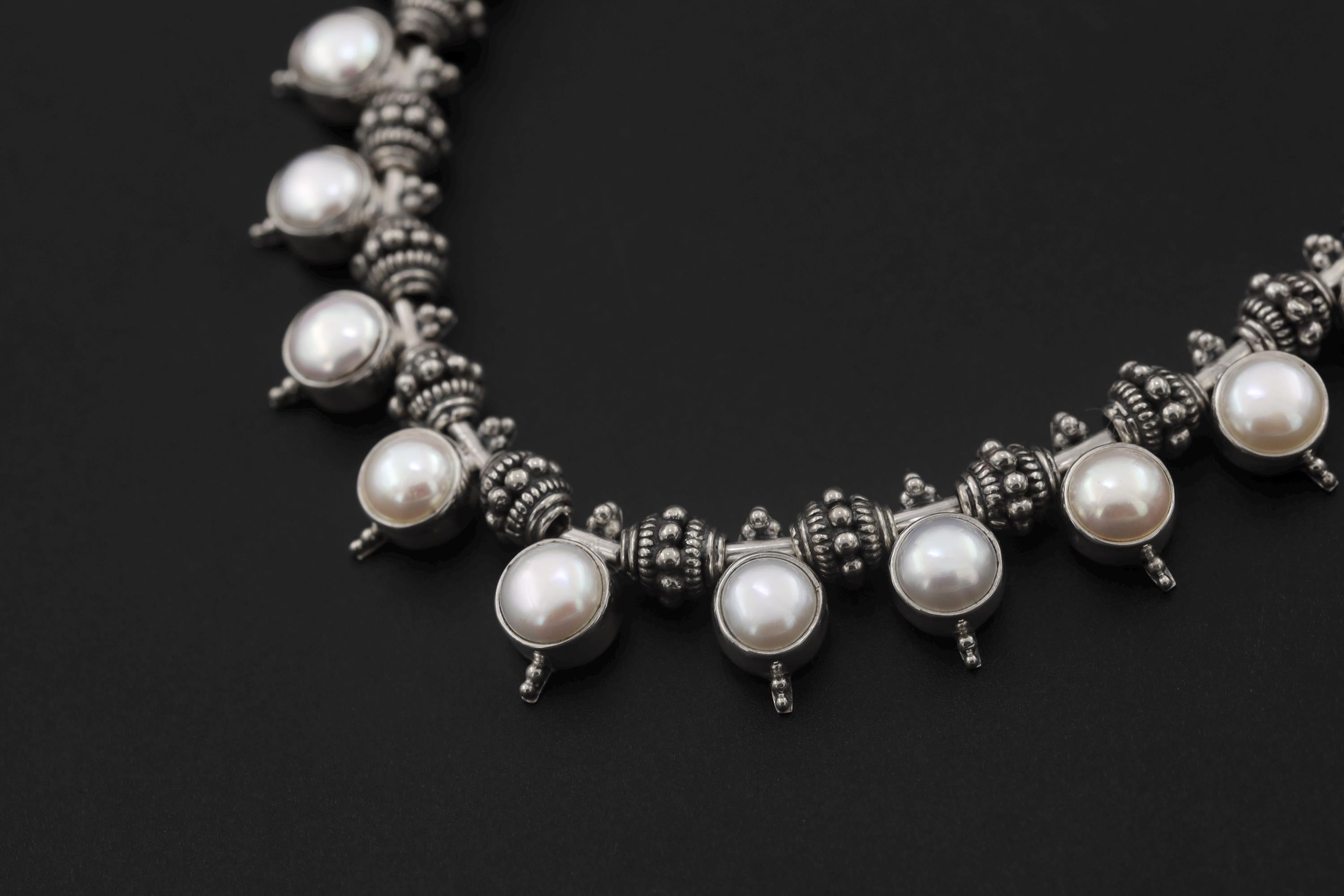 Handmade White Pearl Sterling Silver Necklace, Oxidized Beaded Chain, Ocean Luster Jewelry