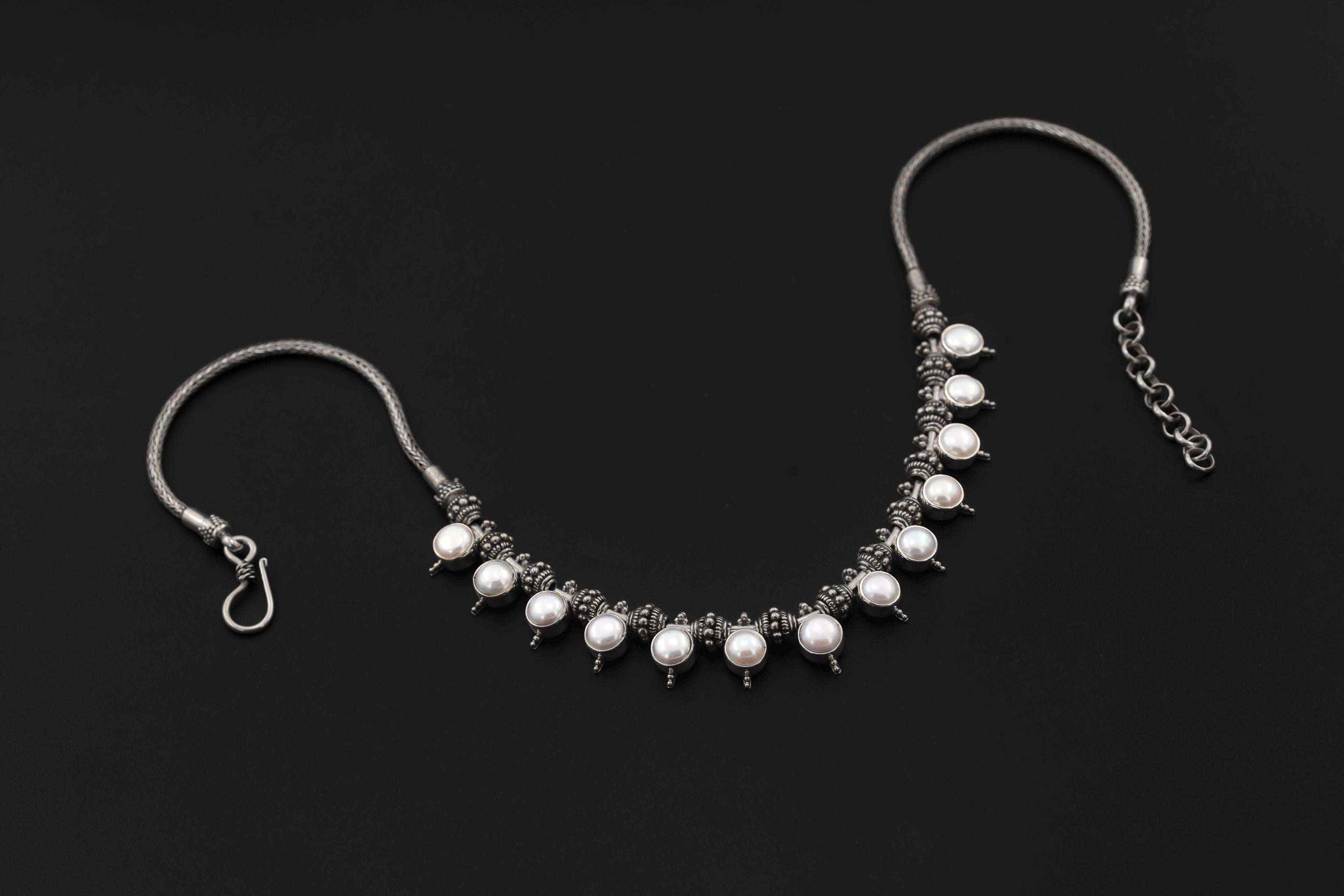 Handmade White Pearl Sterling Silver Necklace, Oxidized Beaded Chain, Ocean Luster Jewelry