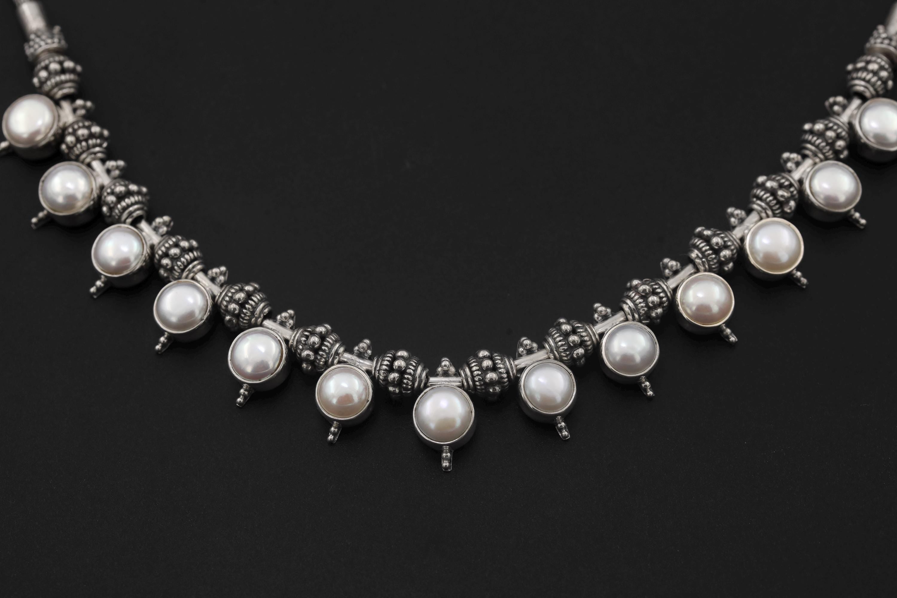 Handmade White Pearl Sterling Silver Necklace, Oxidized Beaded Chain, Ocean Luster Jewelry