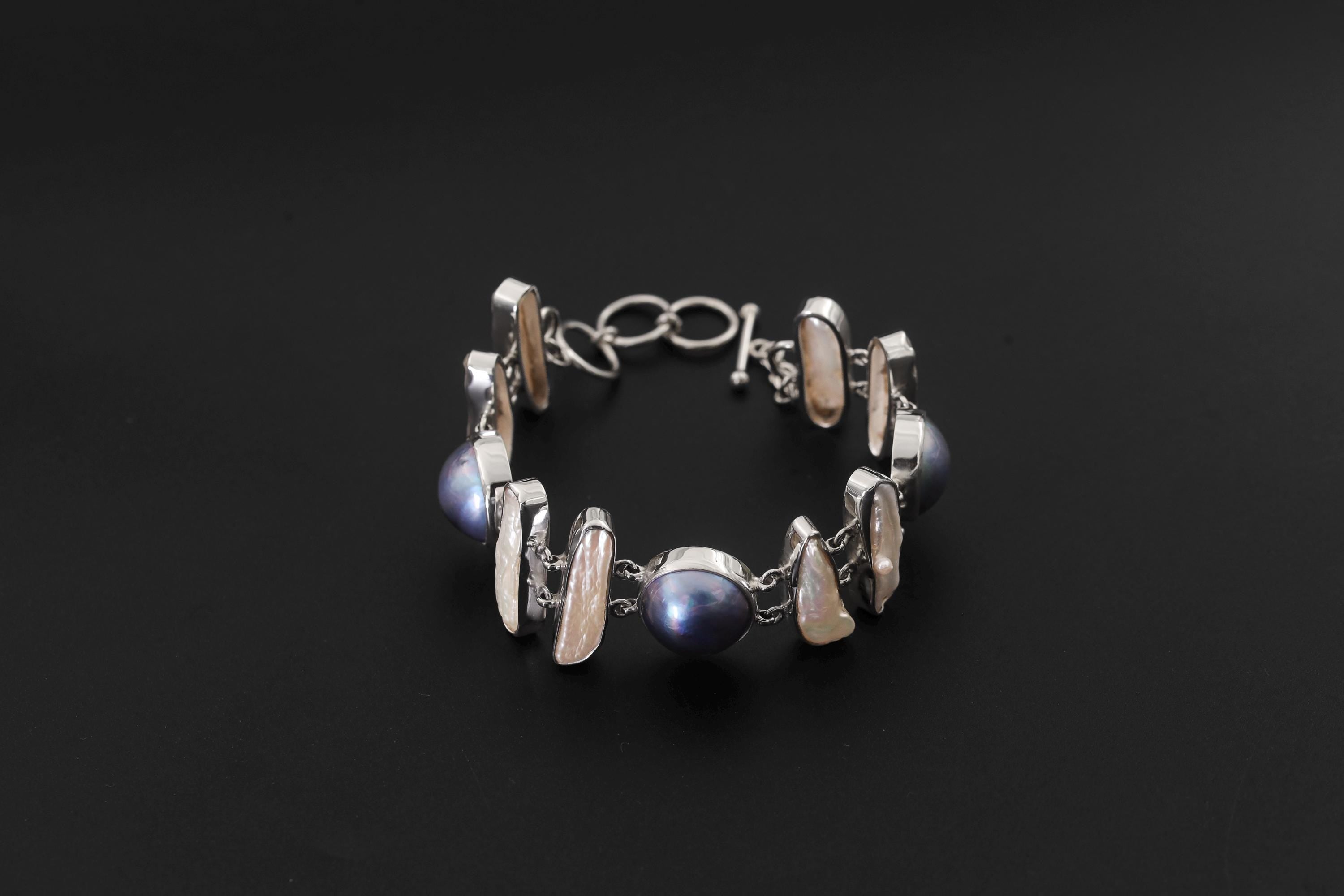 Black Freshwater Pearl Sterling Silver Bracelet – High Shine Toggle Clasp