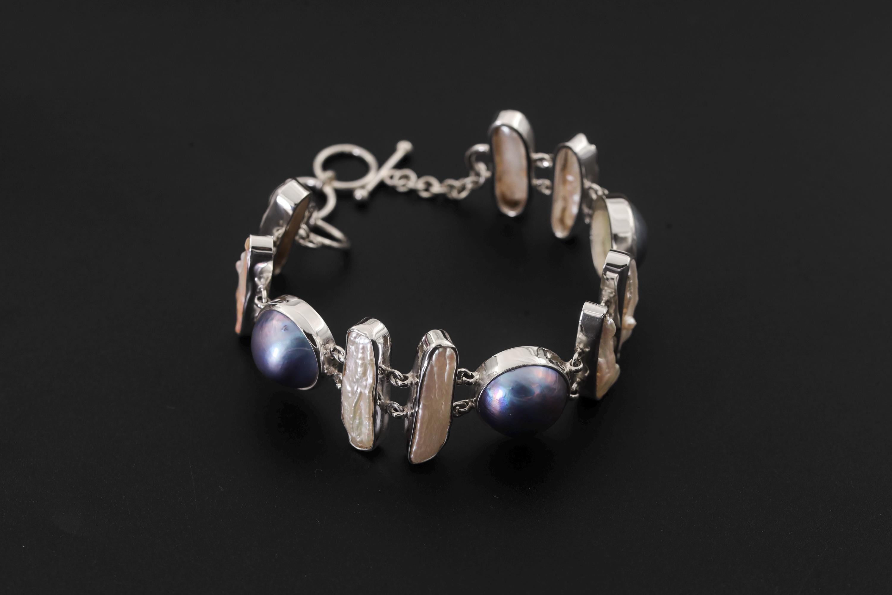 Black Freshwater Pearl Sterling Silver Bracelet – High Shine Toggle Clasp