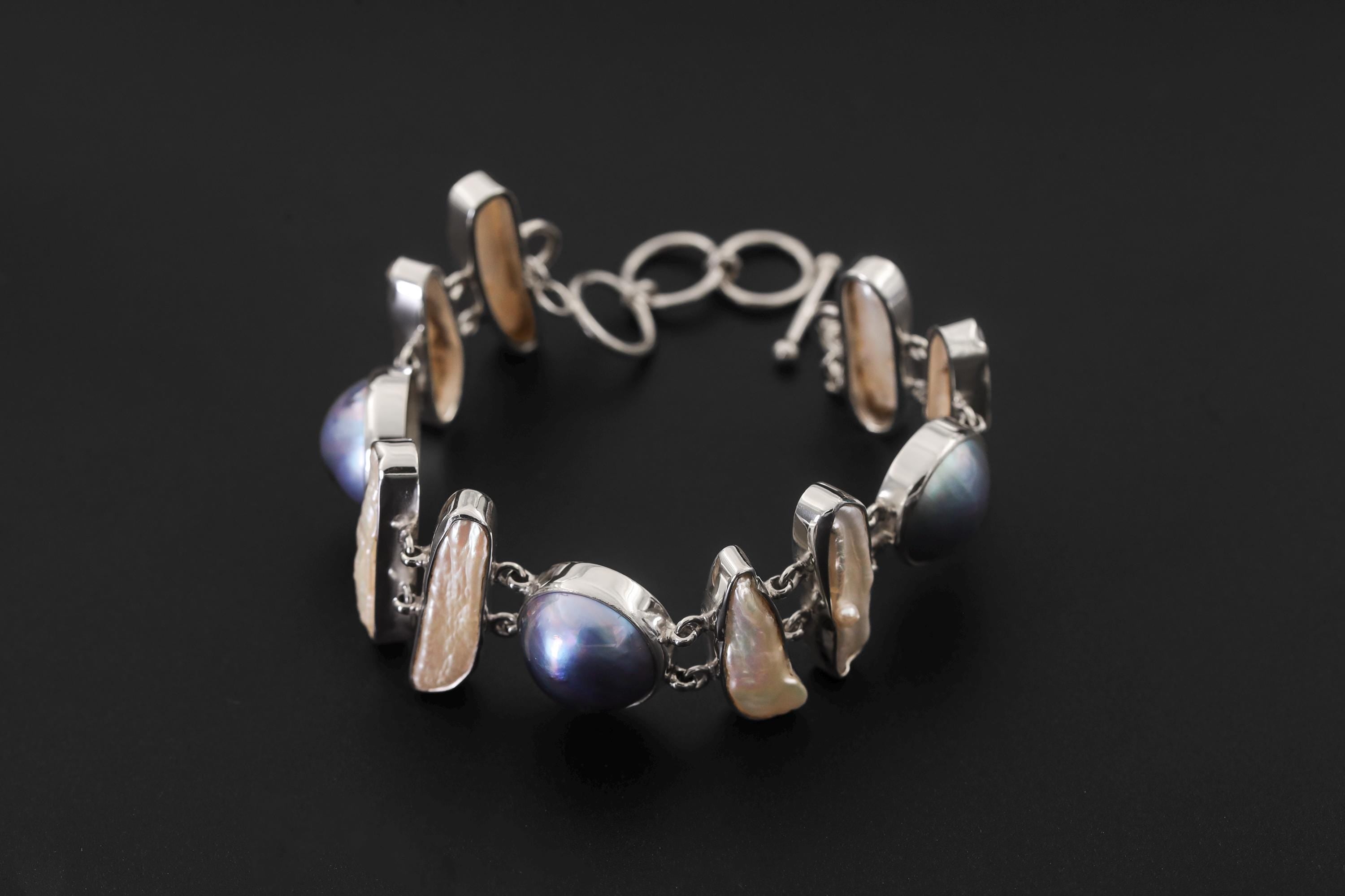 Black White Pearl Bracelet 925 Sterling Silver Freshwater Pearl Toggle Bracelet Ocean Lunar Jewelry Handmade Gift