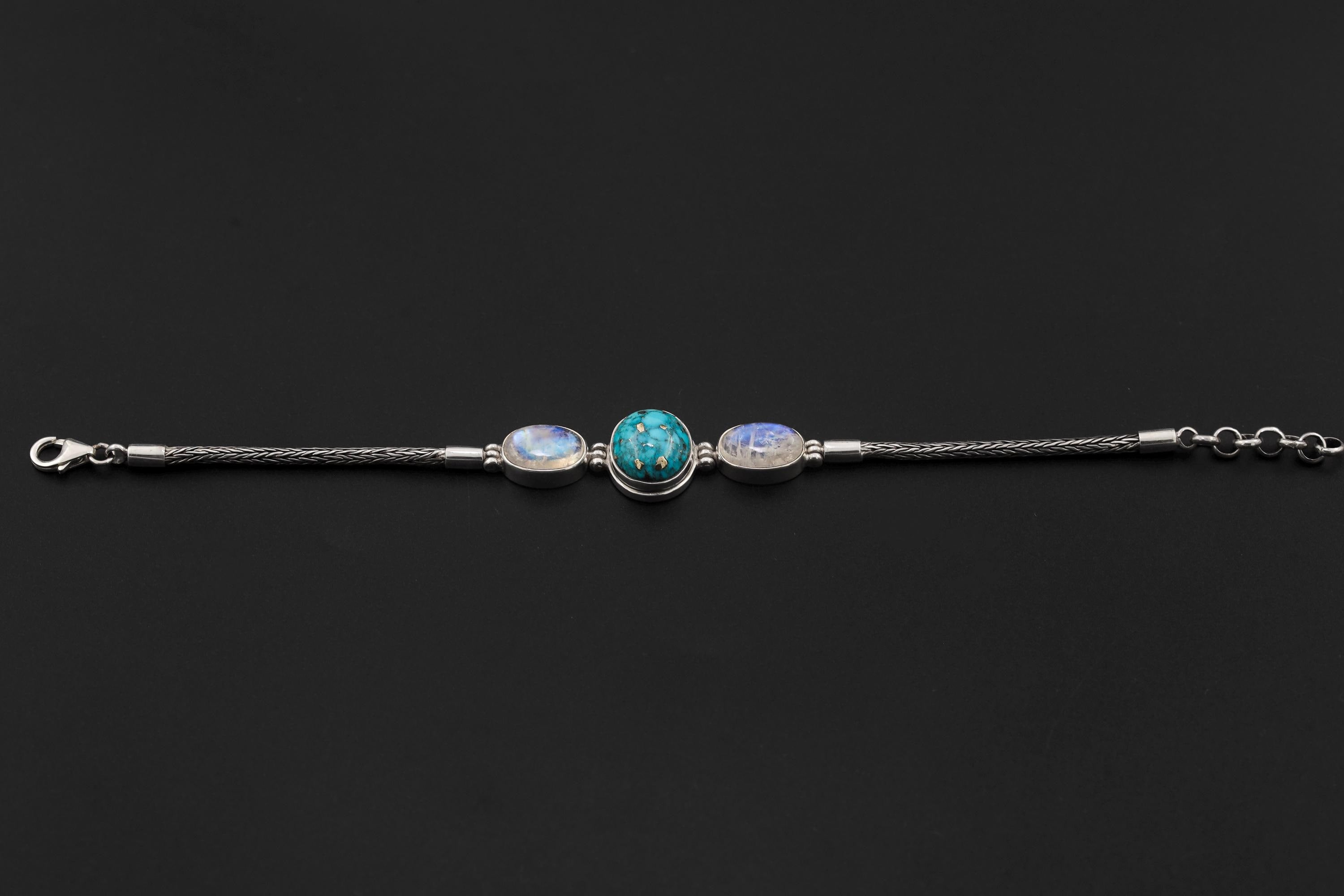 Turquoise Moonstone Silver Bracelet, Snake Chain Bracelet, 925 Sterling Silver, Oval Turquoise Center, Moonstone Bracelet, Healing Jewelry