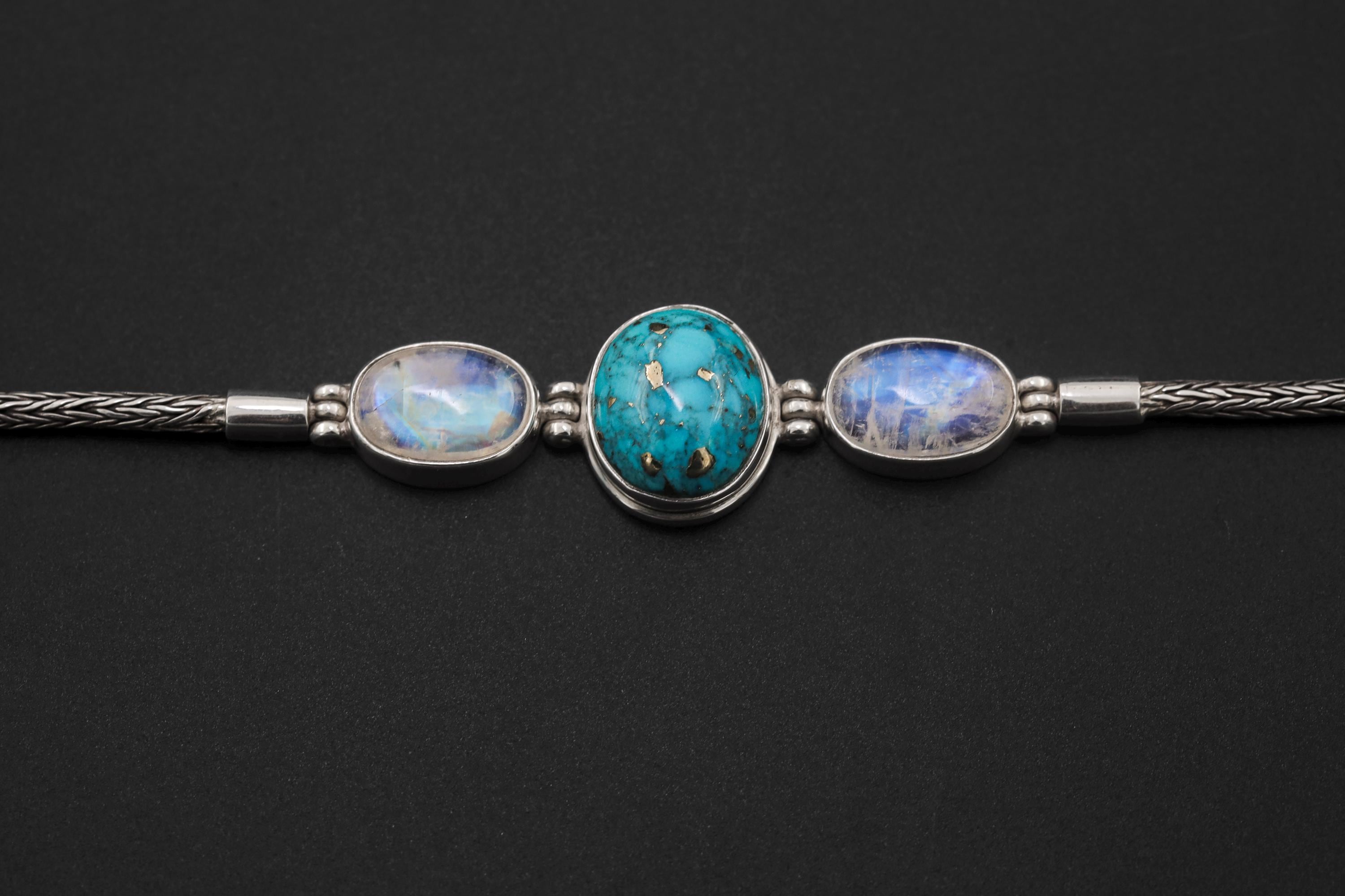 Turquoise Moonstone Silver Bracelet, Snake Chain Bracelet, 925 Sterling Silver, Oval Turquoise Center, Moonstone Bracelet, Healing Jewelry