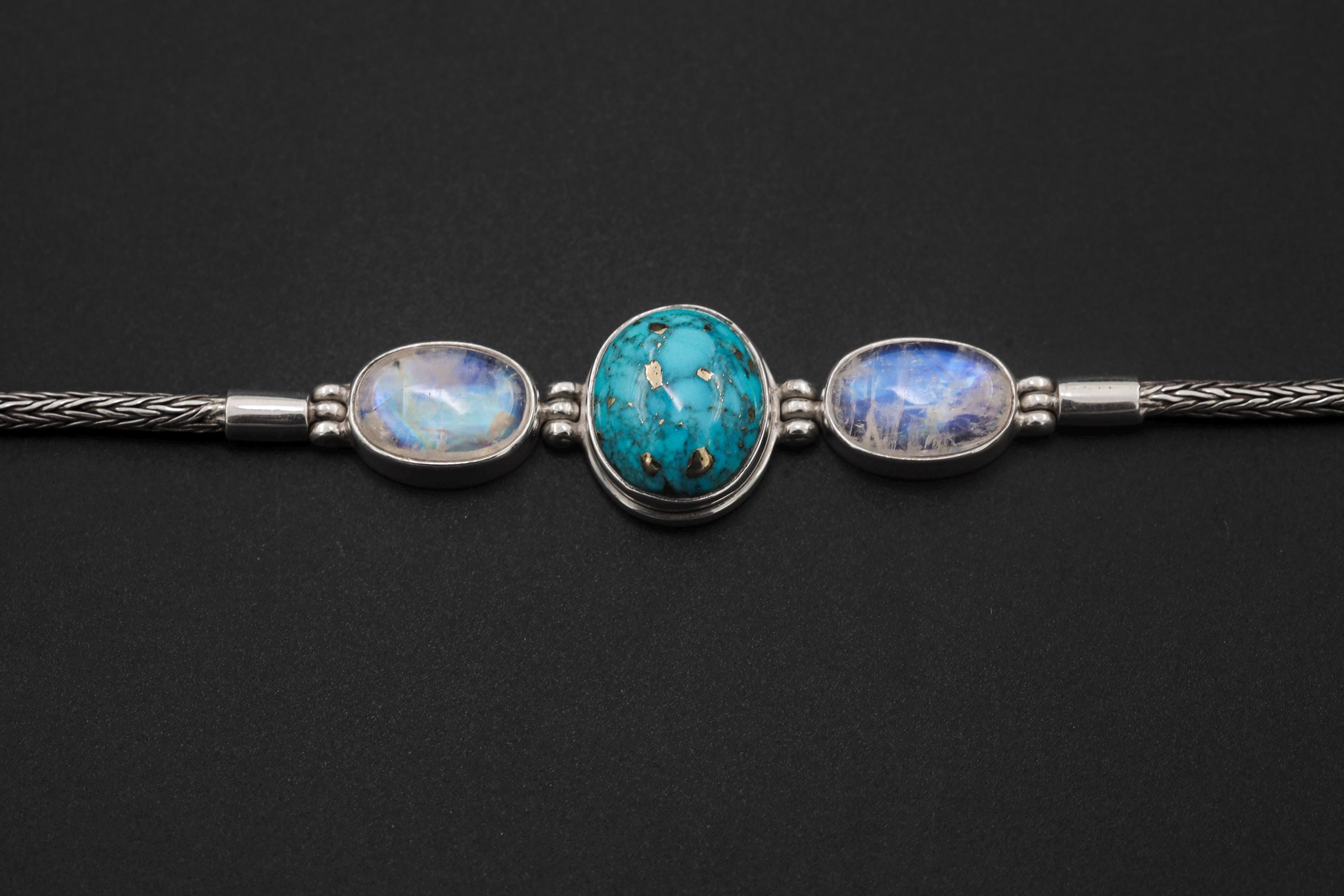 Turquoise Moonstone Silver Bracelet, Snake Chain Bracelet, 925 Sterling Silver, Oval Turquoise Center, Moonstone Bracelet, Healing Jewelry