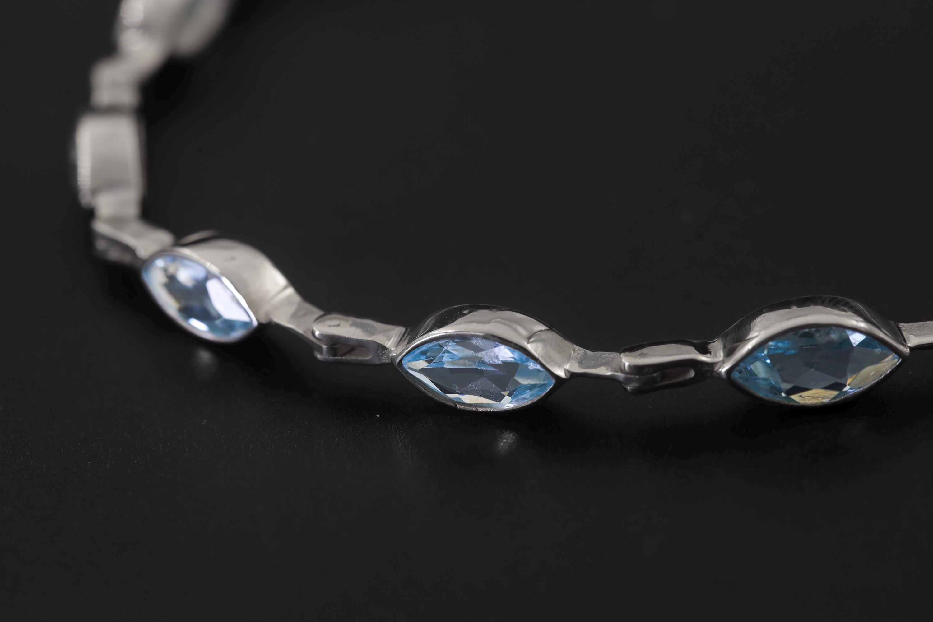 Blue Topaz Marquise Bracelet 925 Sterling Silver Faceted Blue Topaz Link Bracelet High Shine Polish Lobster Clasp December Birthstone Gift