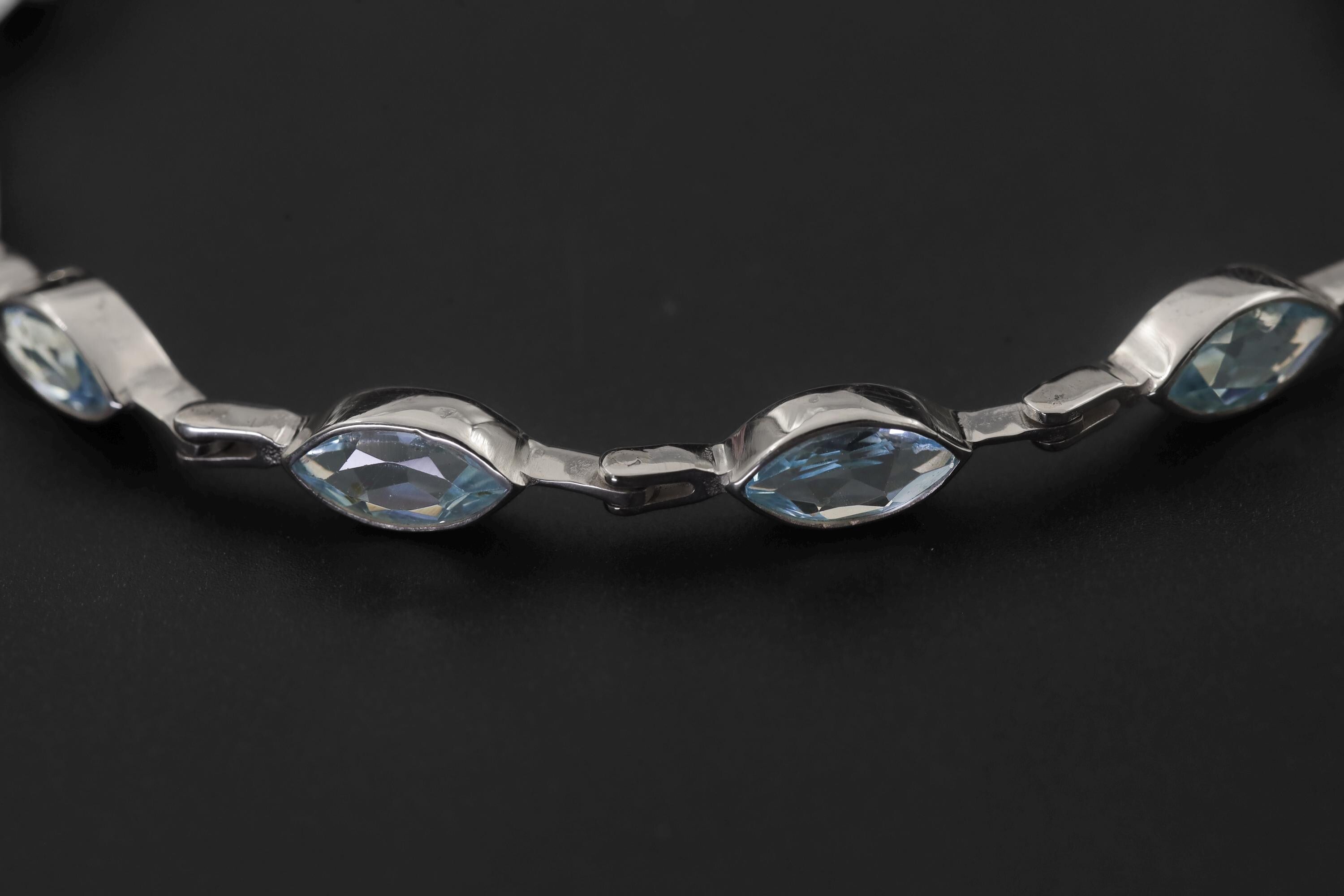 Blue Topaz Marquise Bracelet 925 Sterling Silver Faceted Blue Topaz Link Bracelet High Shine Polish Lobster Clasp December Birthstone Gift