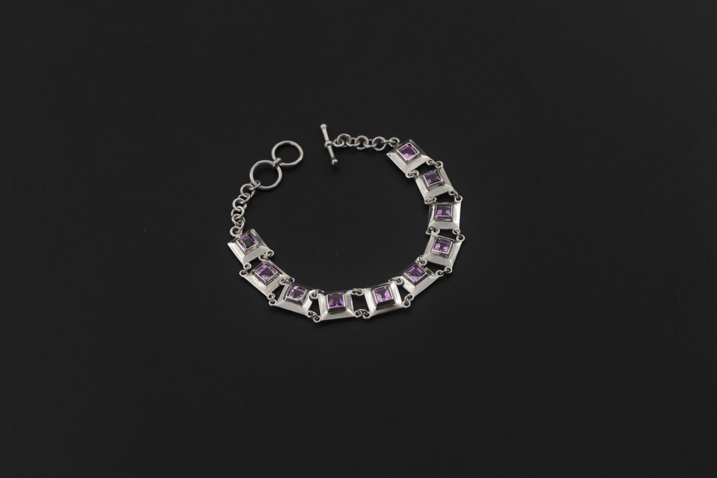 Square Amethyst Link Bracelet 925 Sterling Silver Purple Crystal Bracelet Crown Chakra Jewelry High Shine Gemstone Tennis Bracelet