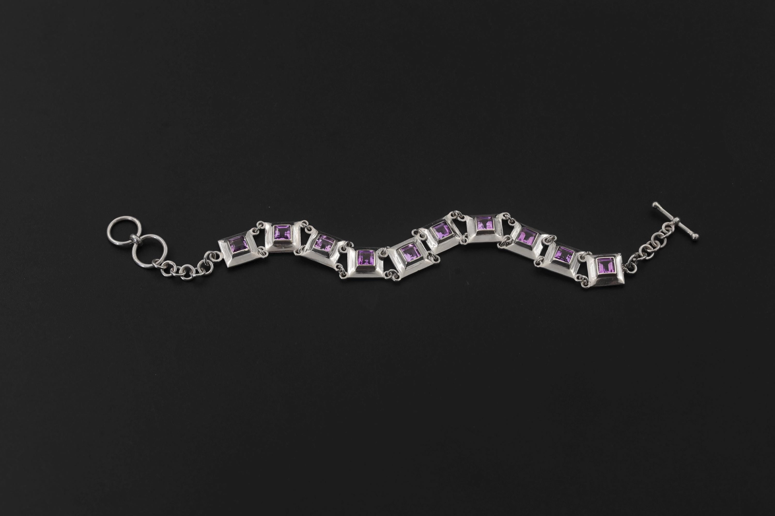 Square Amethyst Link Bracelet 925 Sterling Silver Purple Crystal Bracelet Crown Chakra Jewelry High Shine Gemstone Tennis Bracelet