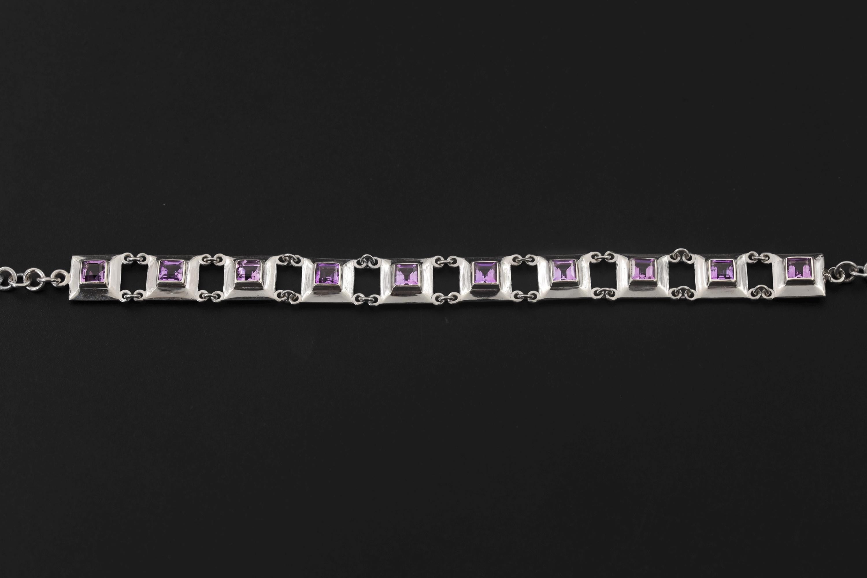 Square Amethyst Link Bracelet 925 Sterling Silver Purple Crystal Bracelet Crown Chakra Jewelry High Shine Gemstone Tennis Bracelet