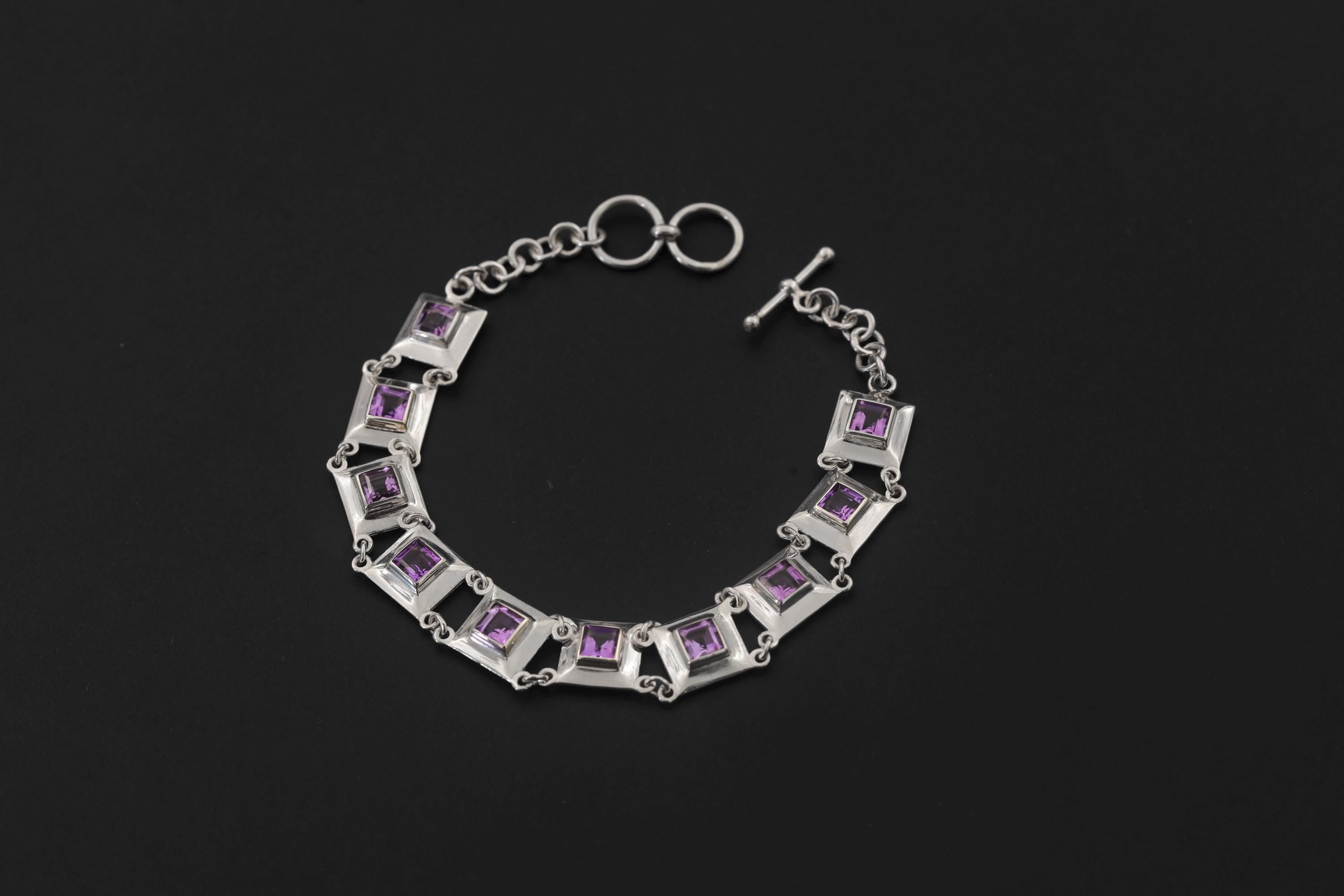 Square Amethyst Link Bracelet 925 Sterling Silver Purple Crystal Bracelet Crown Chakra Jewelry High Shine Gemstone Tennis Bracelet