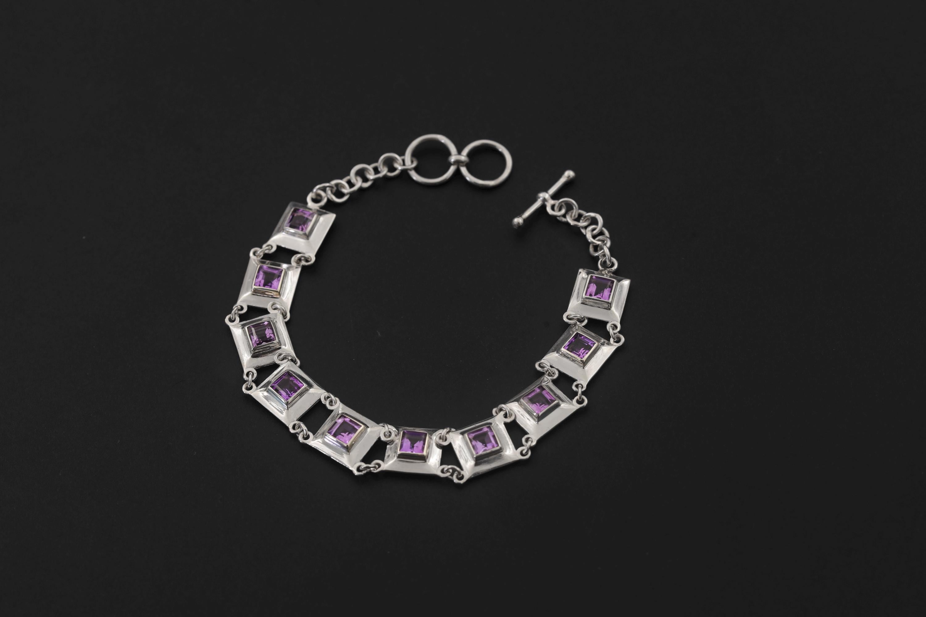 Square Amethyst Link Bracelet 925 Sterling Silver Purple Crystal Bracelet Crown Chakra Jewelry High Shine Gemstone Tennis Bracelet