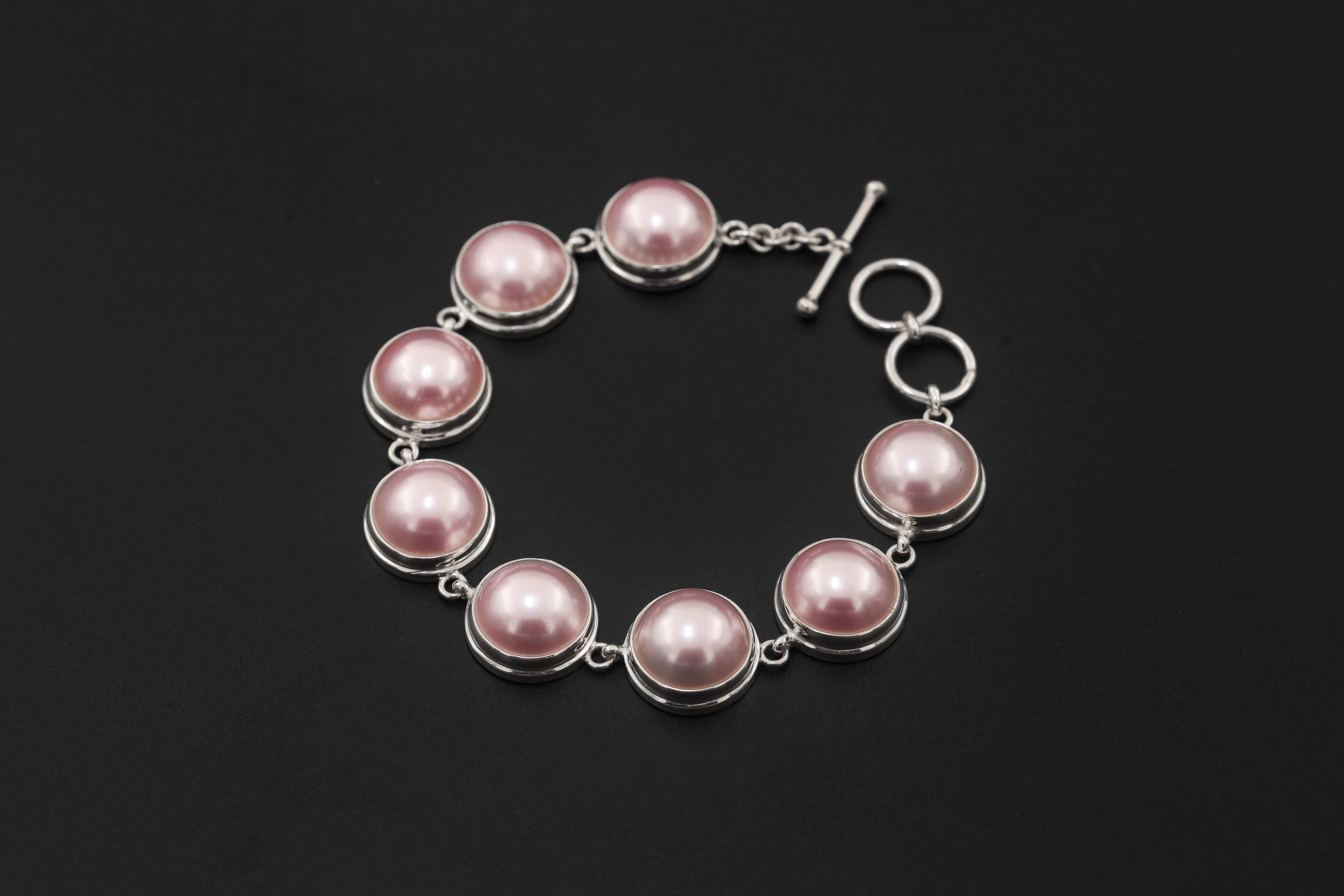 Pink Mabe Pearl Sterling Silver Bracelet, High Shine Toggle Clasp, Ocean Pearl Jewelry