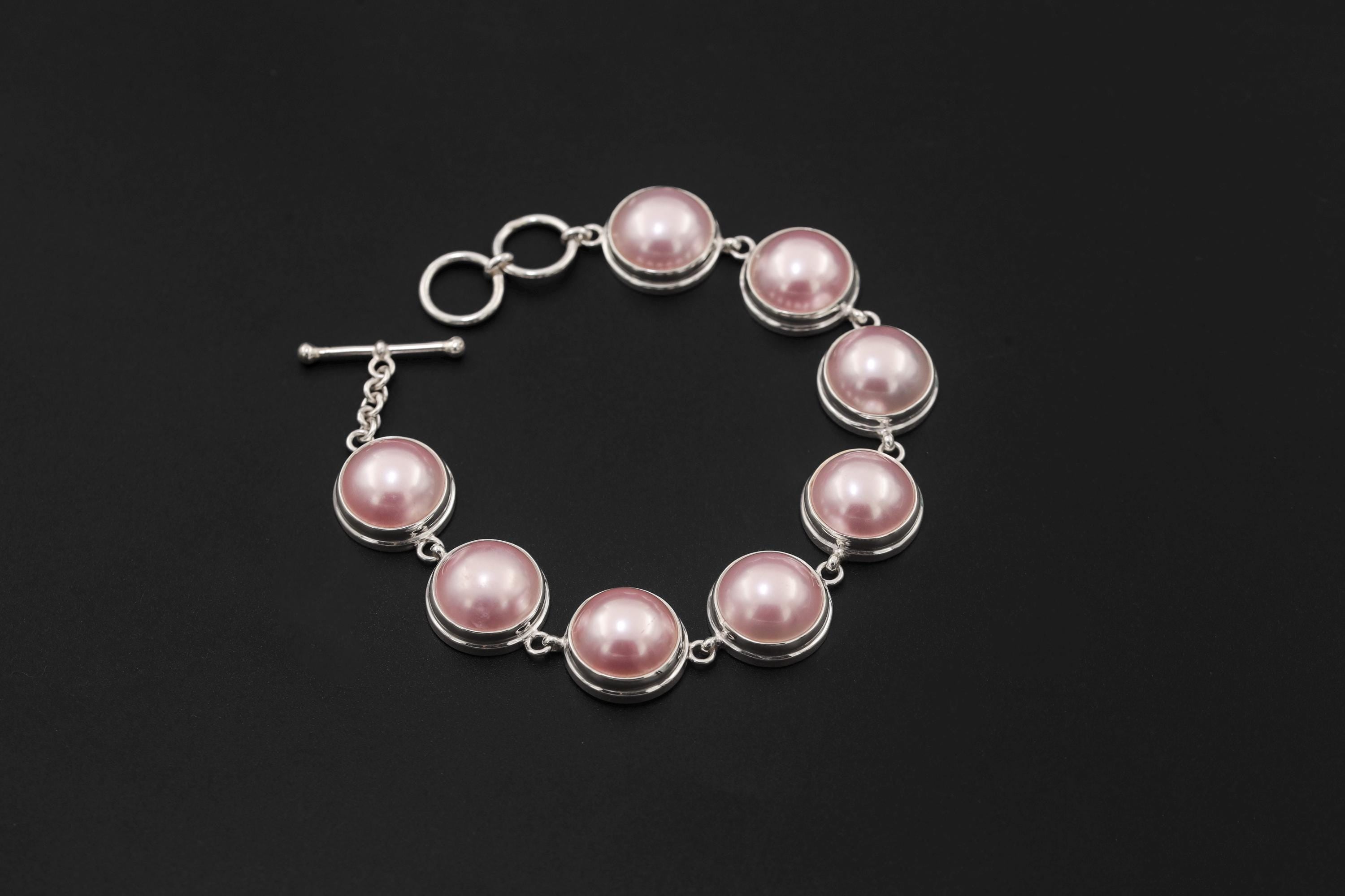 Pink Mabe Pearl Sterling Silver Bracelet, High Shine Toggle Clasp, Ocean Pearl Jewelry