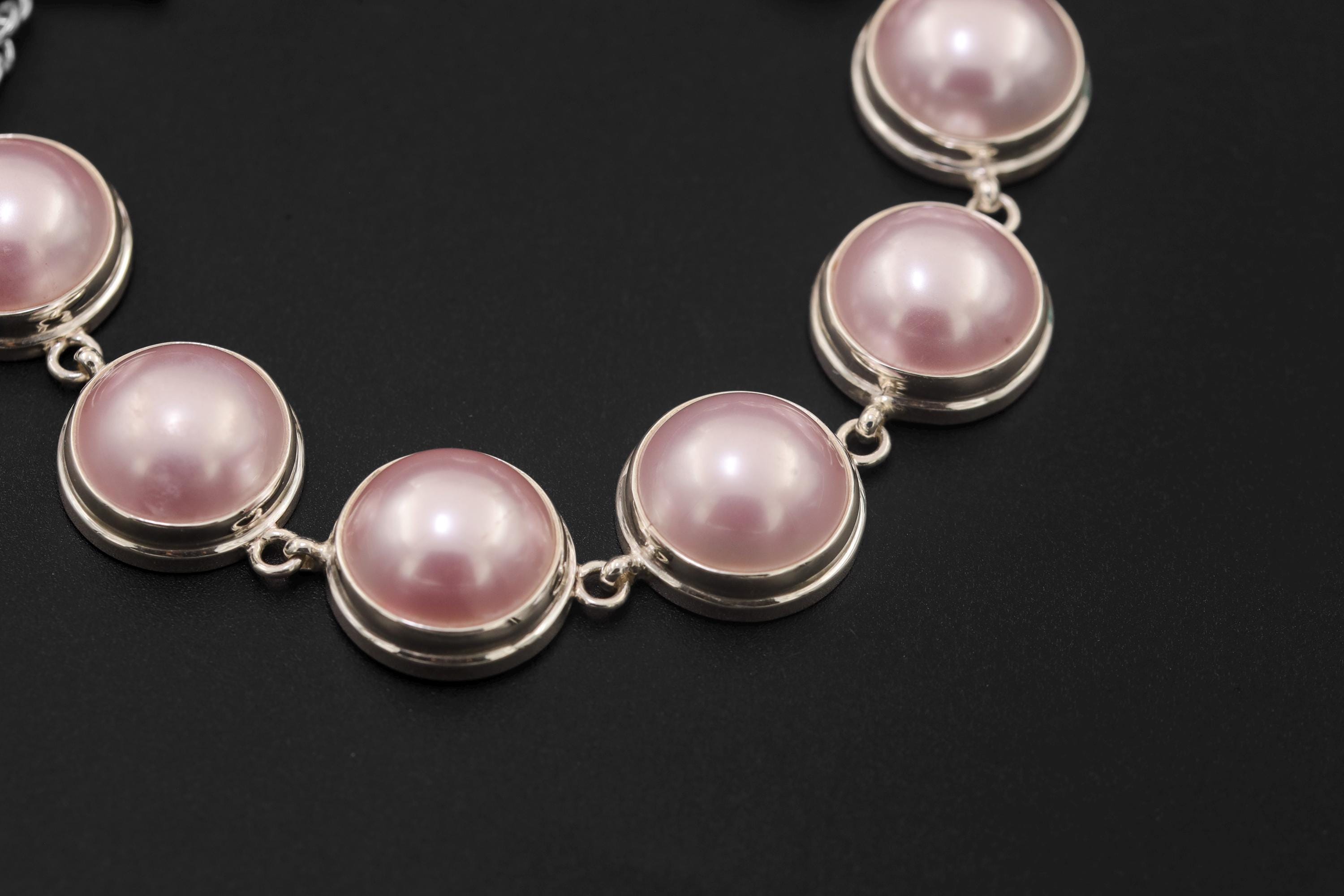 Pink Mabe Pearl Sterling Silver Bracelet, High Shine Toggle Clasp, Ocean Pearl Jewelry