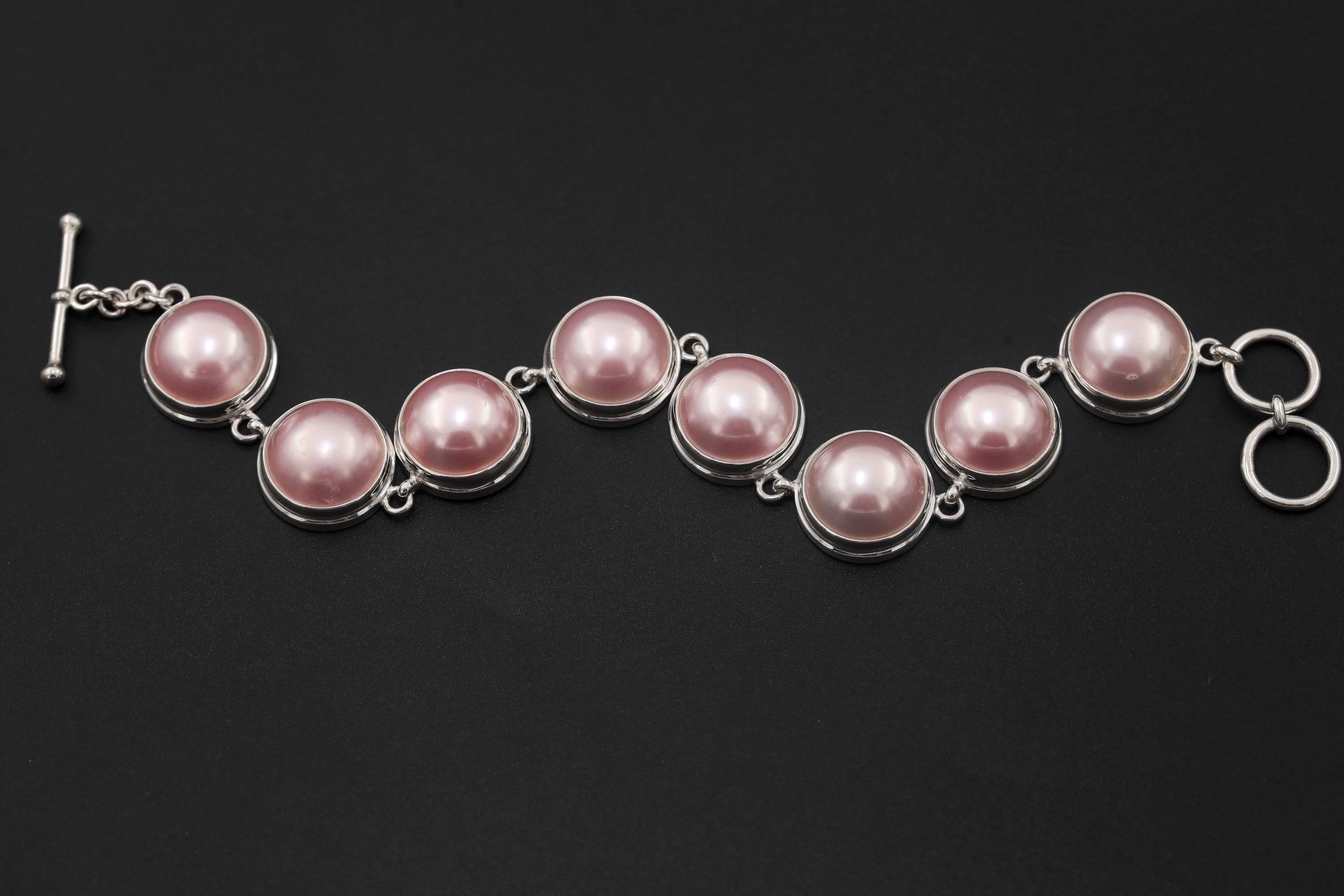 Pink Mabe Pearl Sterling Silver Bracelet, High Shine Toggle Clasp, Ocean Pearl Jewelry
