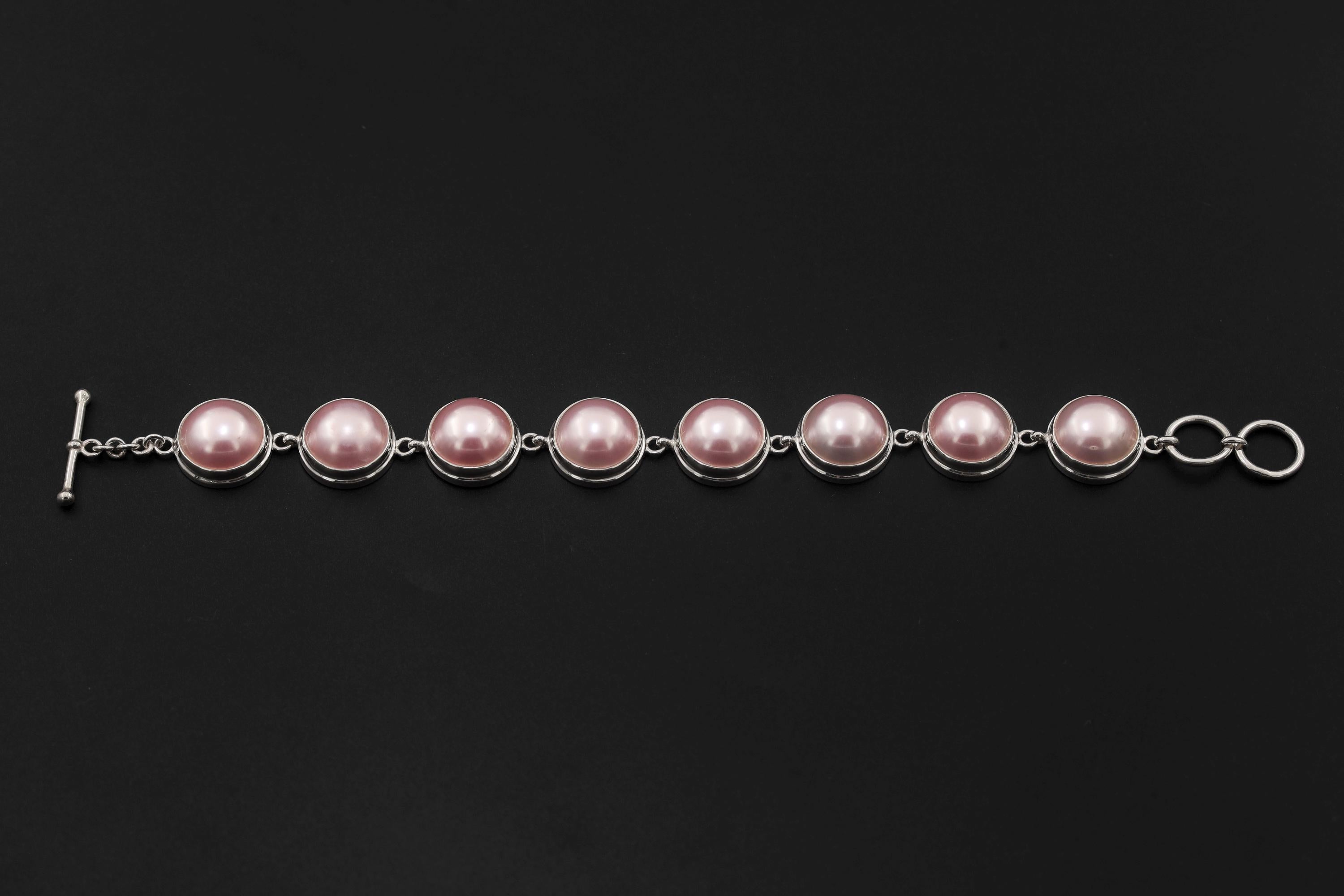 Pink Mabe Pearl Sterling Silver Bracelet, High Shine Toggle Clasp, Ocean Pearl Jewelry