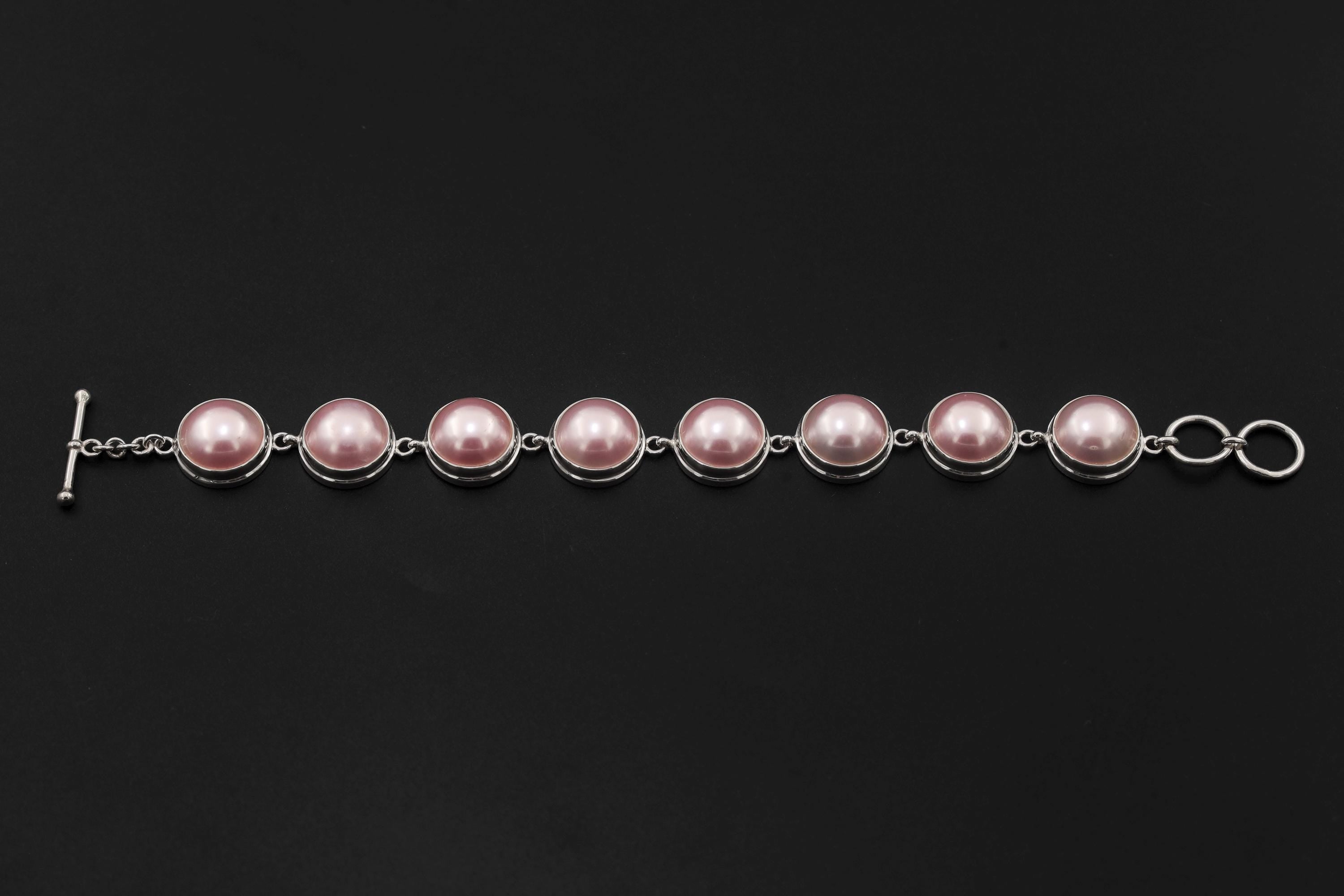 Pink Mabe Pearl Bracelet 925 Sterling Silver Toggle Bracelet Blush Pearl Cabochon Ocean Moon Heart Chakra Jewelry Gift