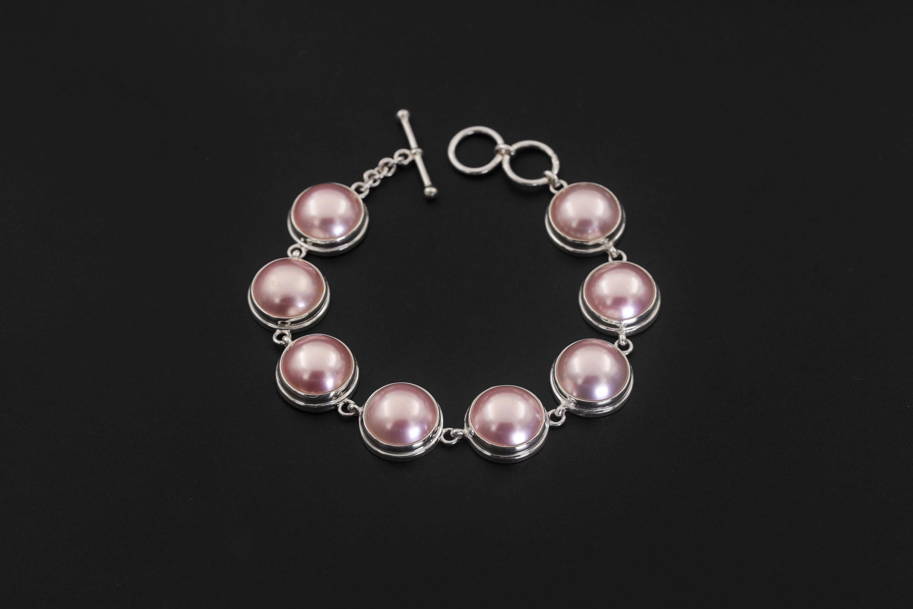 Pink Mabe Pearl Sterling Silver Bracelet, High Shine Toggle Clasp, Ocean Pearl Jewelry