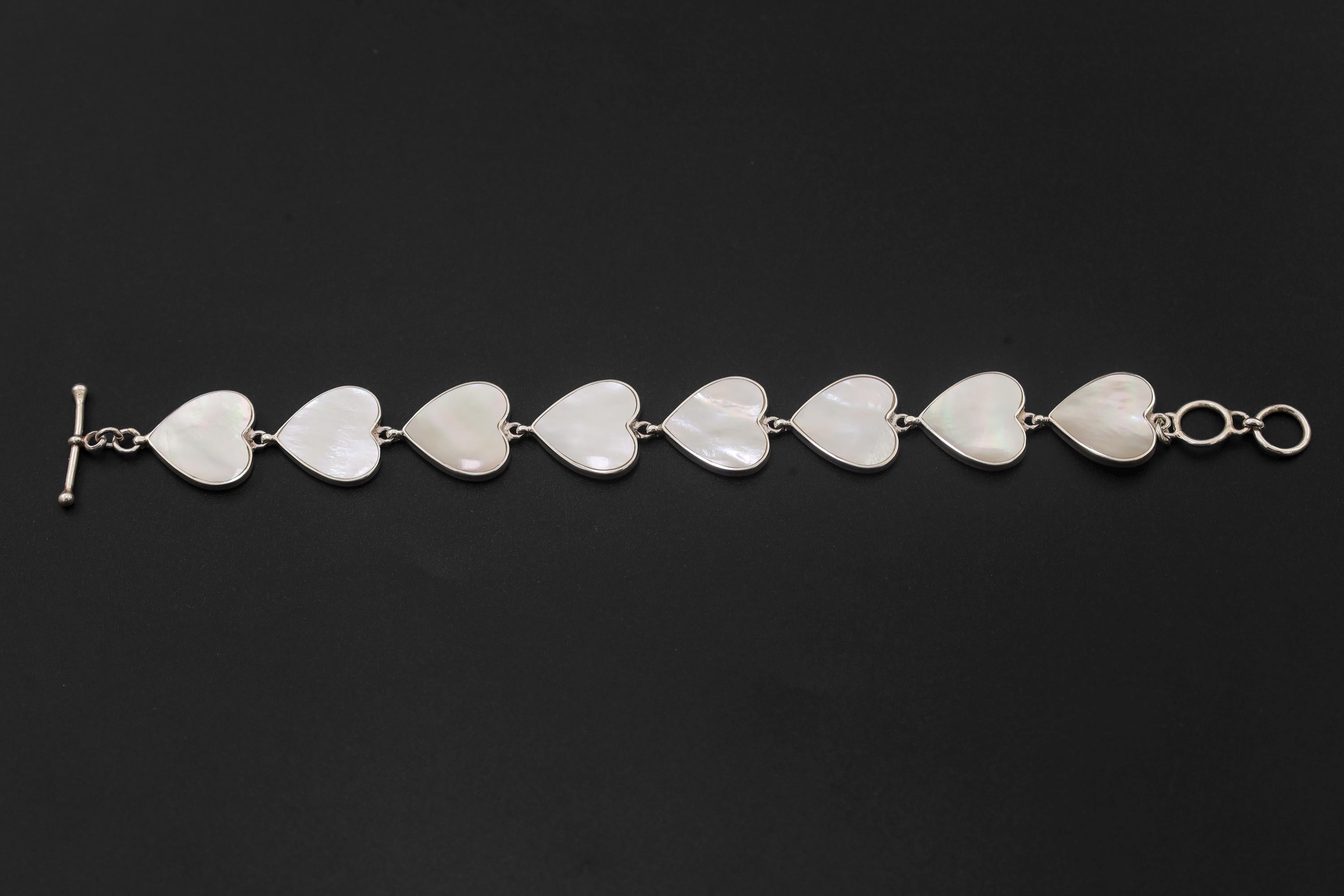 Mother of Pearl Heart Bracelet 925 Silver Love Link Bracelet High Shine Polish Toggle Clasp Romantic Jewelry Gift Heart Chakra