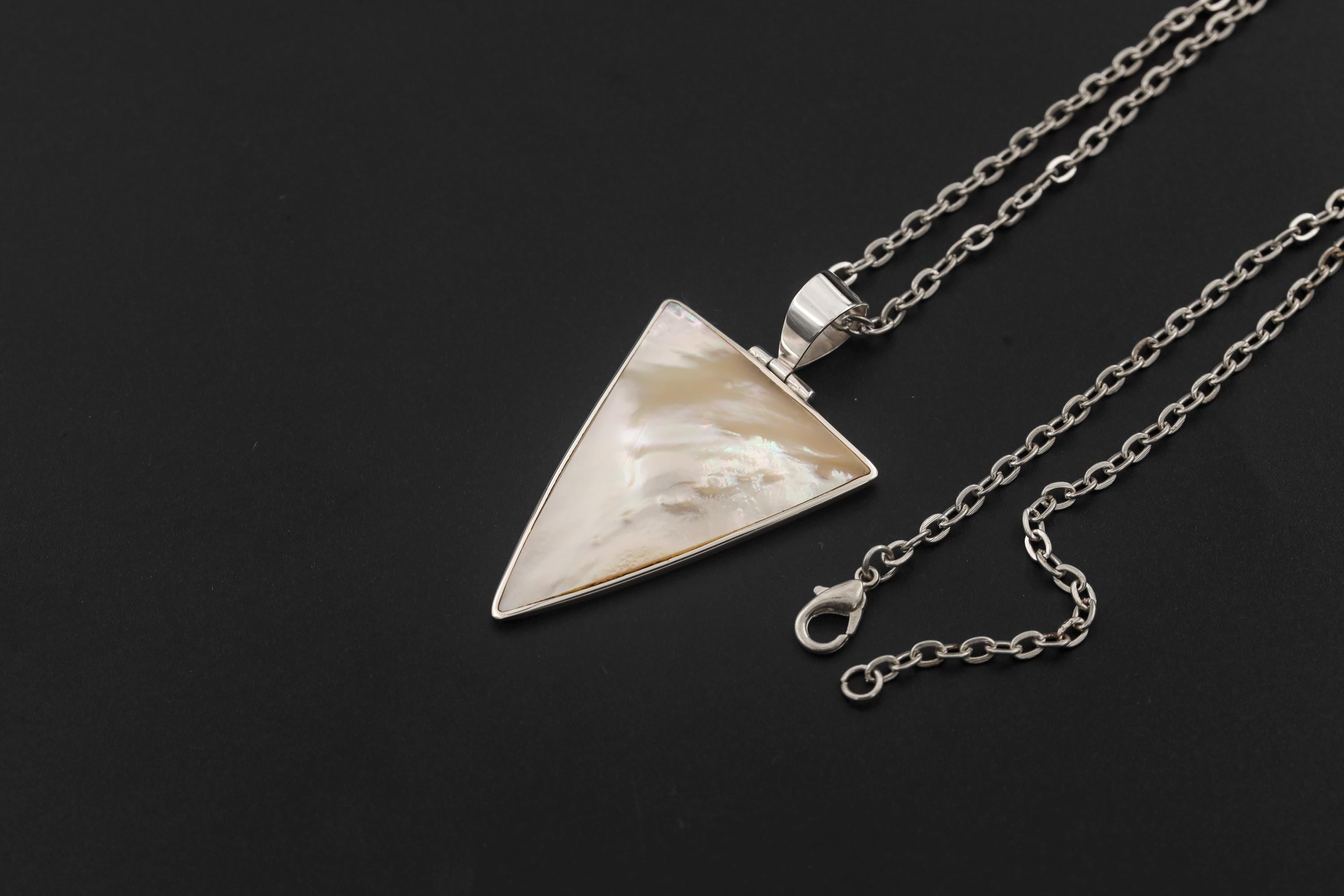 Triangular Mother of Pearl Pendant Necklace, Sterling Silver High Shine Shell Jewelry