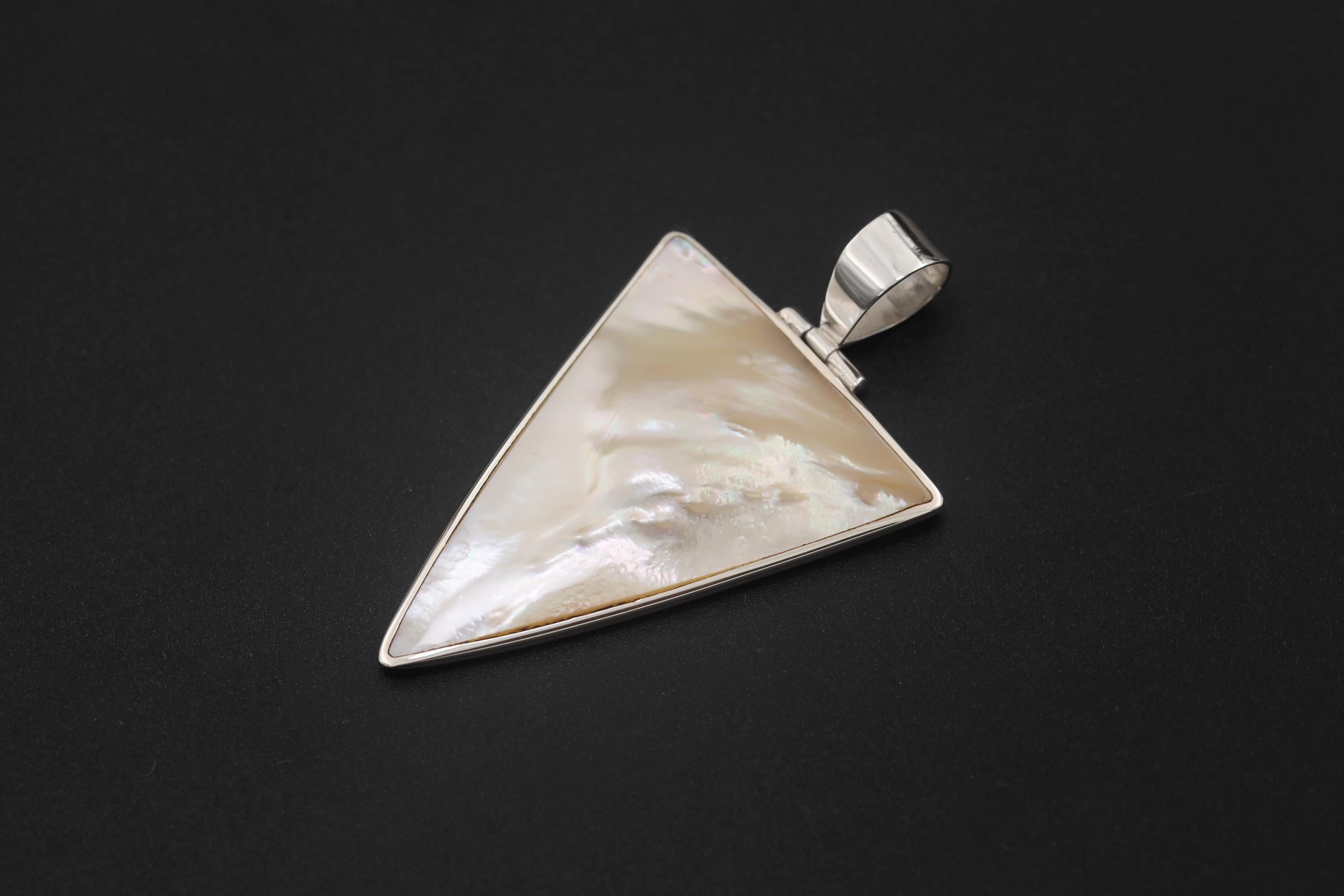 Triangular Mother of Pearl Pendant Necklace, Sterling Silver High Shine Shell Jewelry