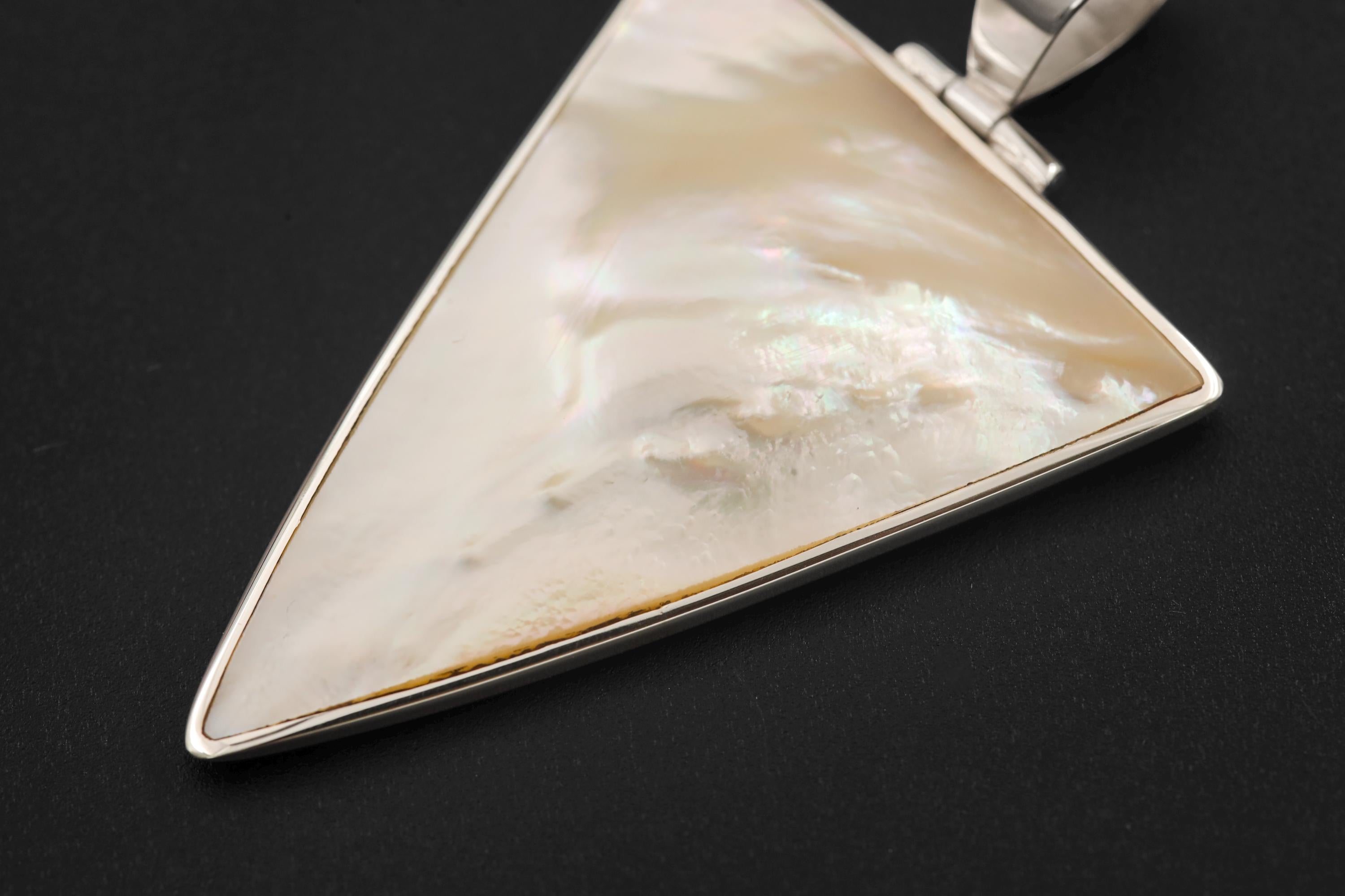 Triangular Mother of Pearl Pendant Necklace, Sterling Silver High Shine Shell Jewelry