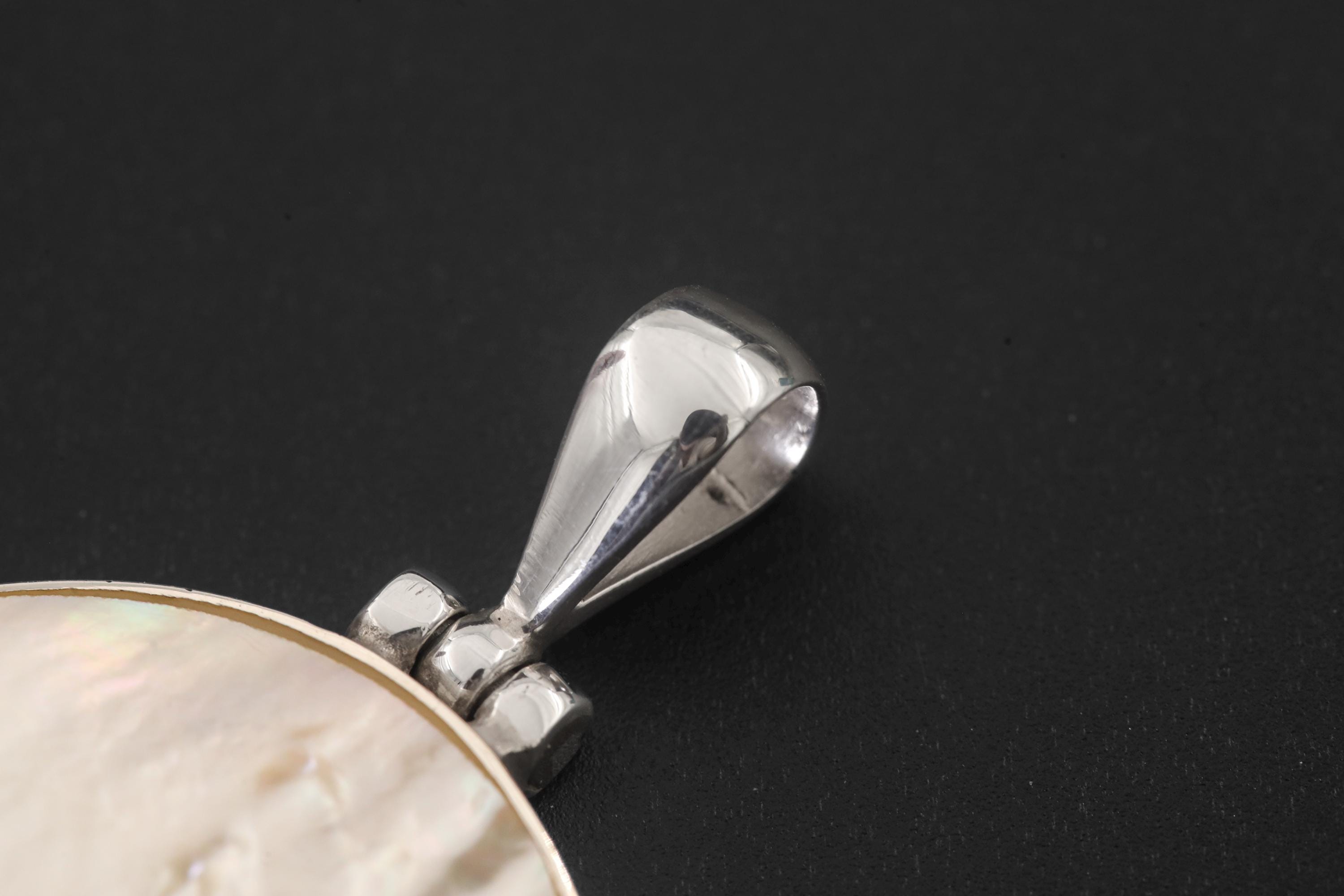 Round Mother of Pearl Necklace 925 Silver Shell Disc Pendant High Shine Bezel Ocean Lunar Jewelry Handmade Gift