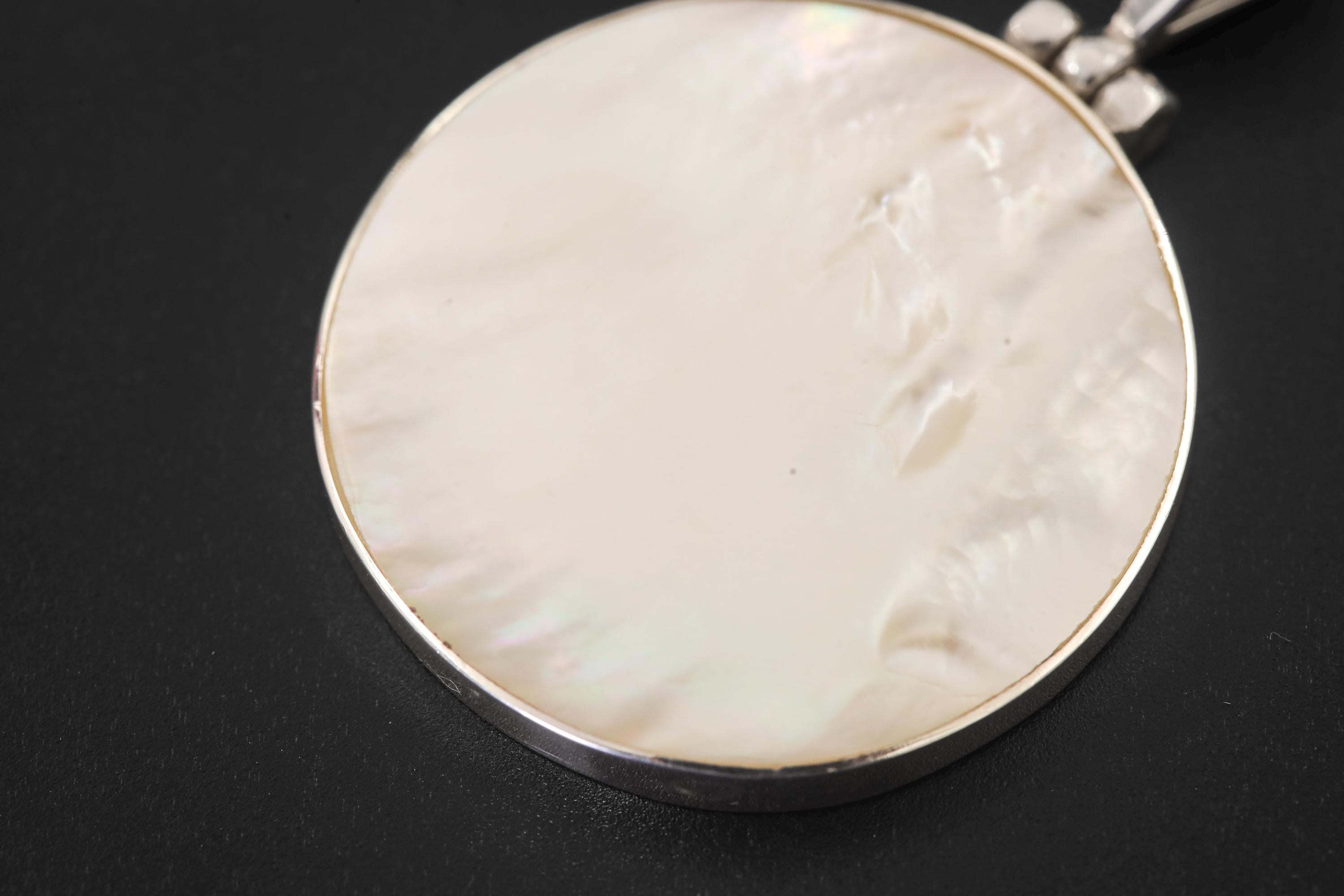 Round Mother of Pearl Pendant Necklace, Sterling Silver High Shine Polish, Boho Shell Talisman