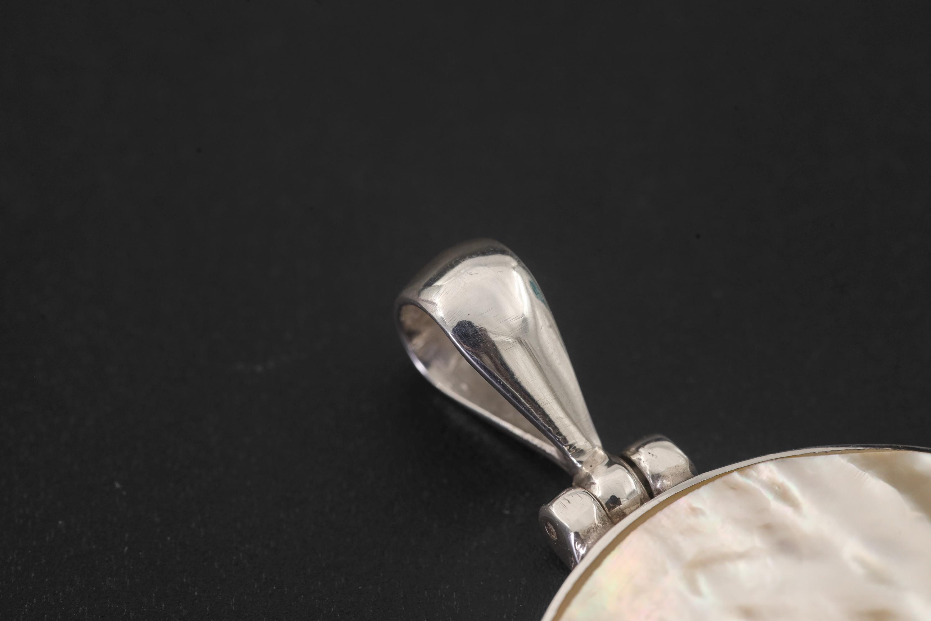 Round Mother of Pearl Pendant Necklace, Sterling Silver High Shine Polish, Boho Shell Talisman