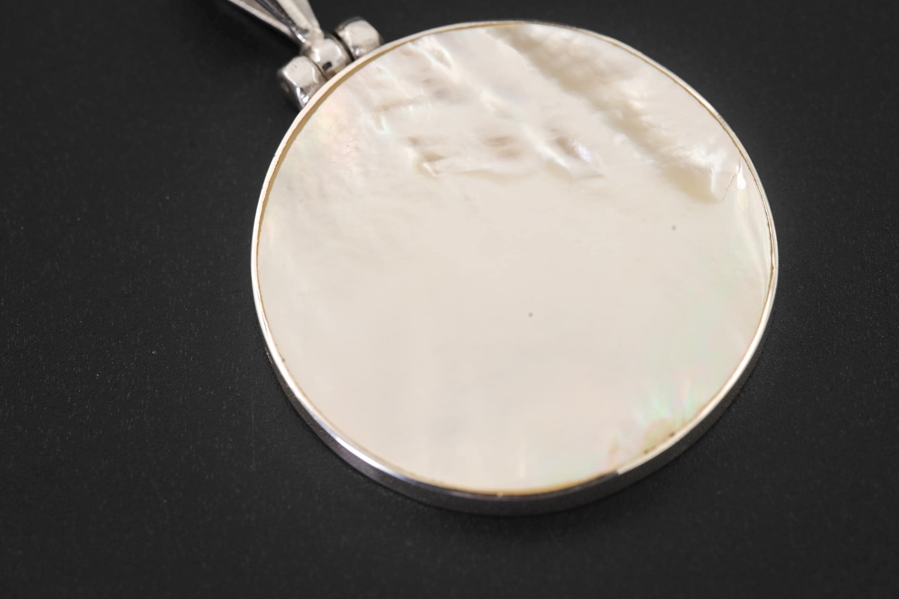 Round Mother of Pearl Pendant Necklace, Sterling Silver High Shine Polish, Boho Shell Talisman
