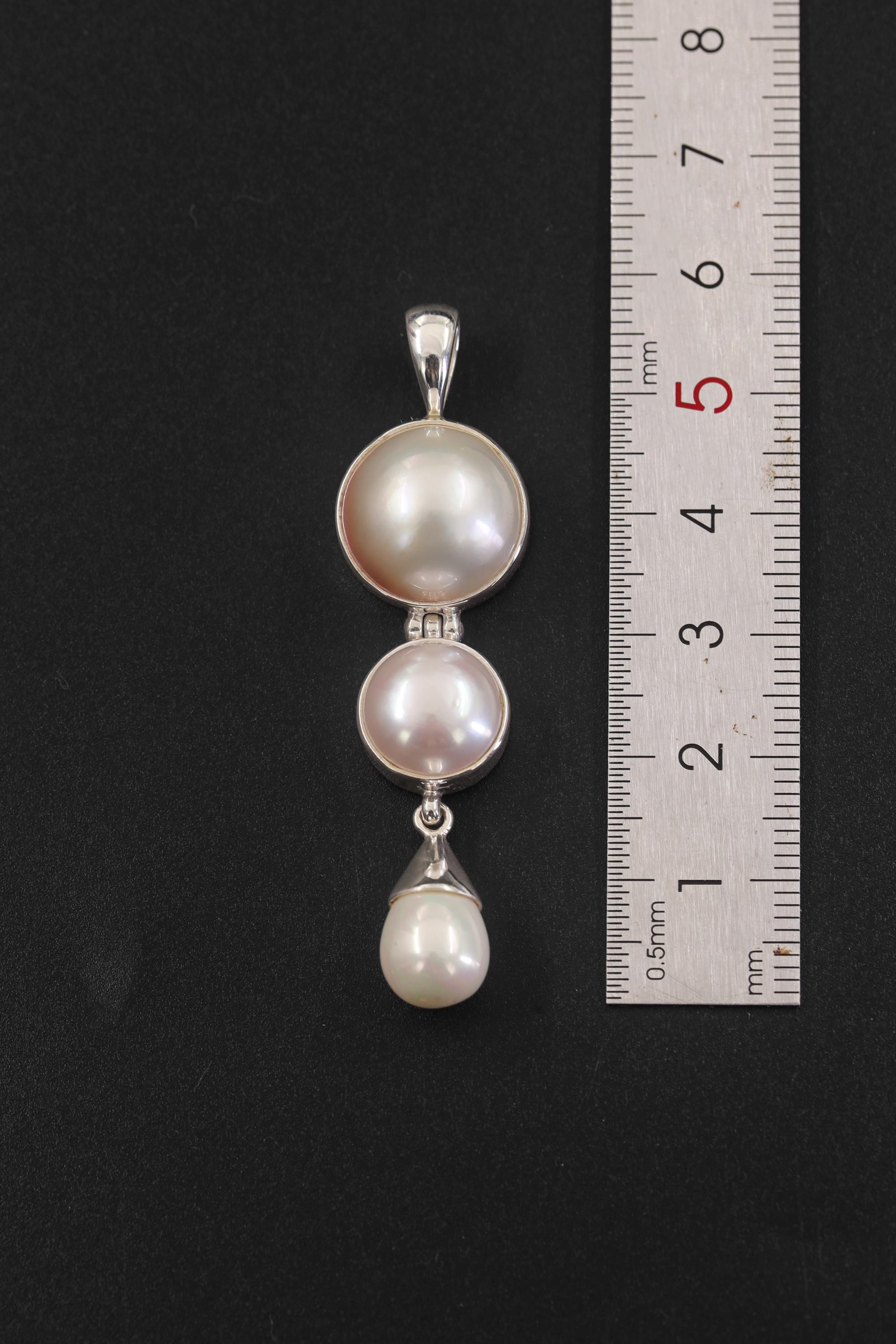 Triple Pearl Drop Pendant Necklace, 925 Sterling Silver, Round and Teardrop Pearls
