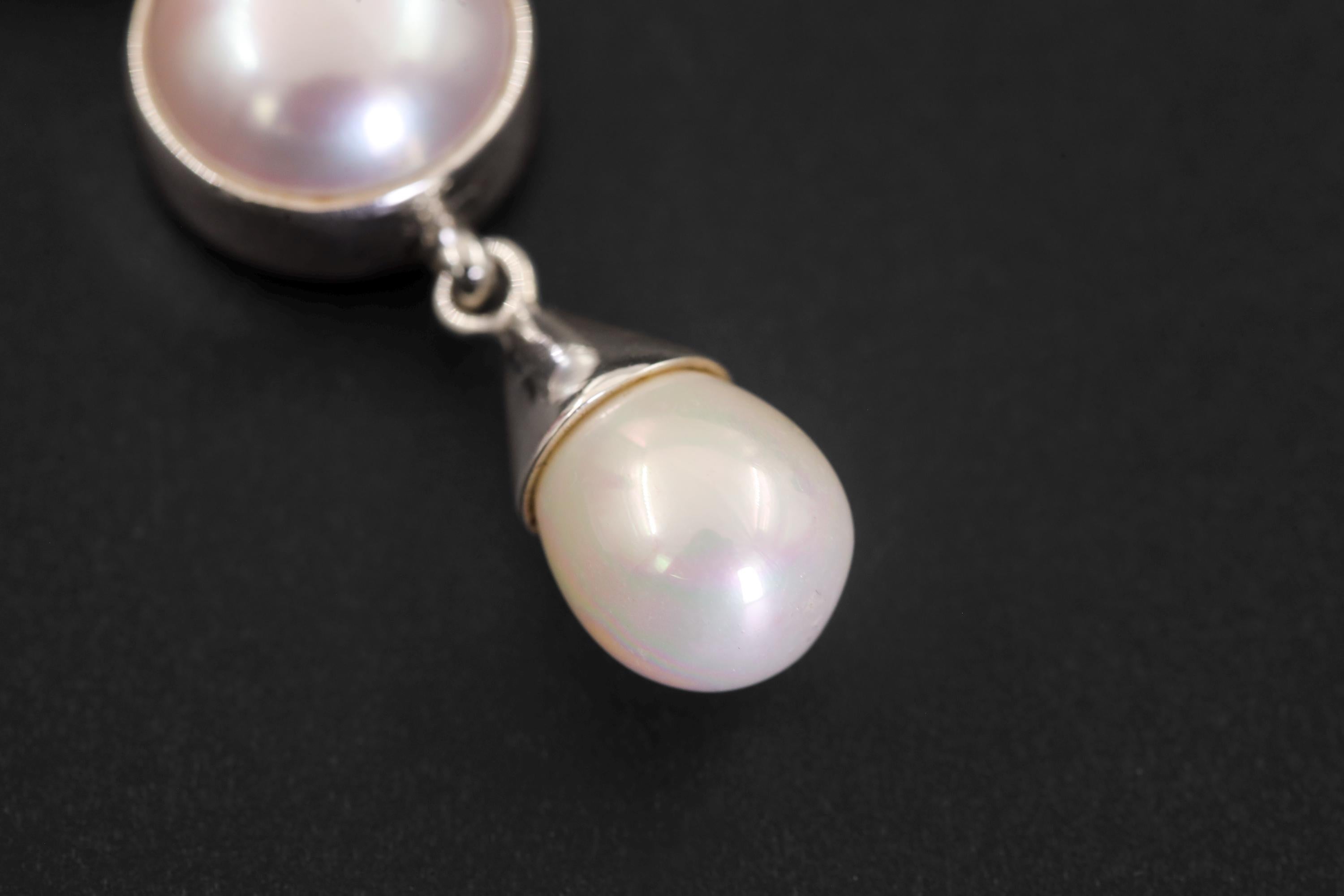 Triple Pearl Drop Pendant Necklace, 925 Sterling Silver, Round and Teardrop Pearls