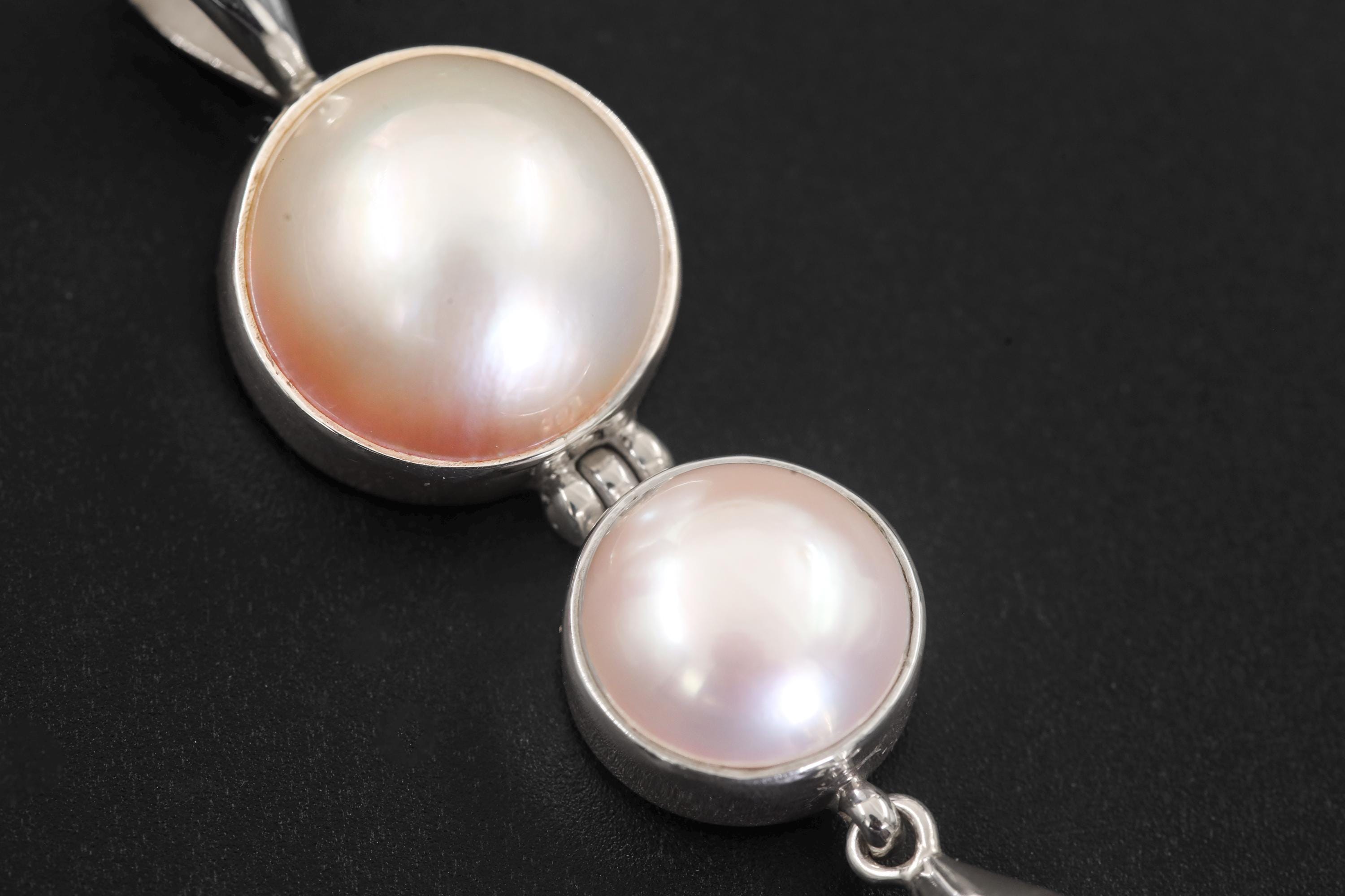 Triple Pearl Drop Pendant Necklace, 925 Sterling Silver, Round and Teardrop Pearls