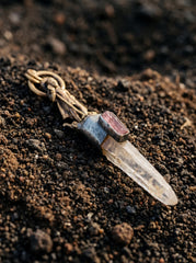 Saraswati Talisman Pendant, Himalayan Lemurian Point, Pink Tourmaline, Sterling Silver Bezel