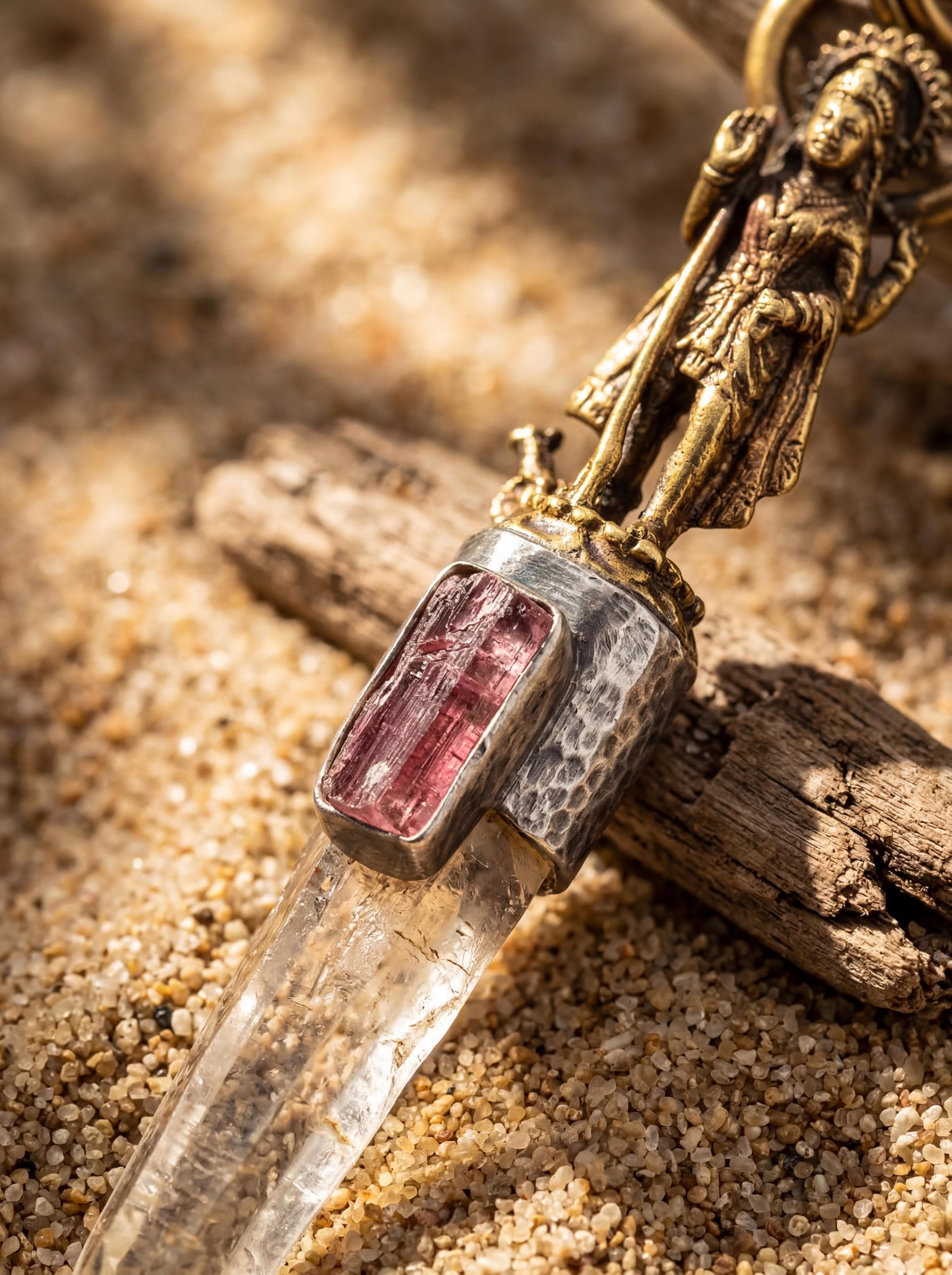 Saraswati Talisman Pendant, Himalayan Lemurian Point, Pink Tourmaline, Sterling Silver Bezel