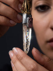 Saraswati Talisman Pendant, Himalayan Lemurian Point, Pink Tourmaline, Sterling Silver Bezel