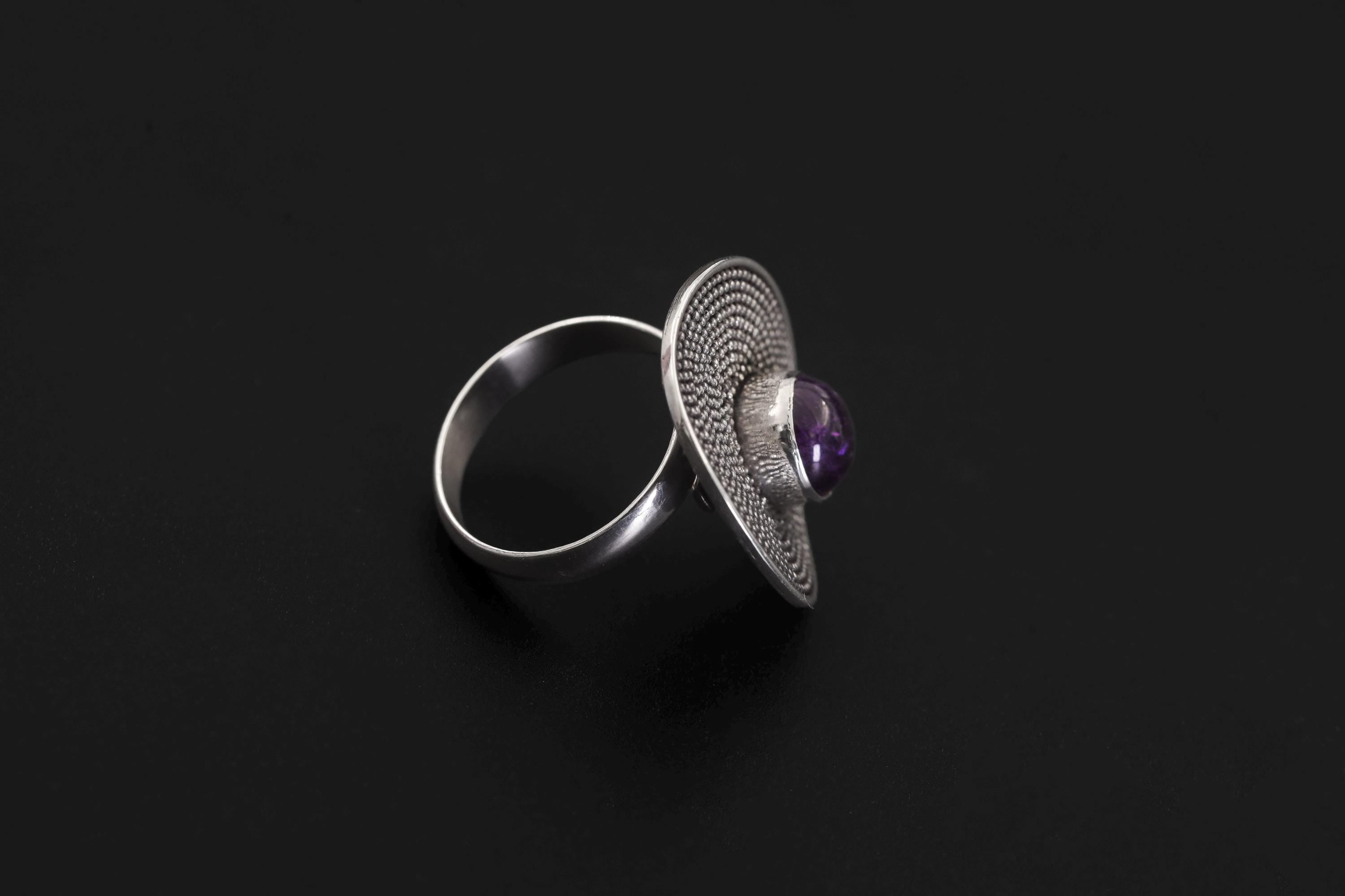 Adjustable Amethyst Ring 925 Sterling Silver Solar Disc Ring Violet Cabochon Crown Chakra Statement Jewelry Gift