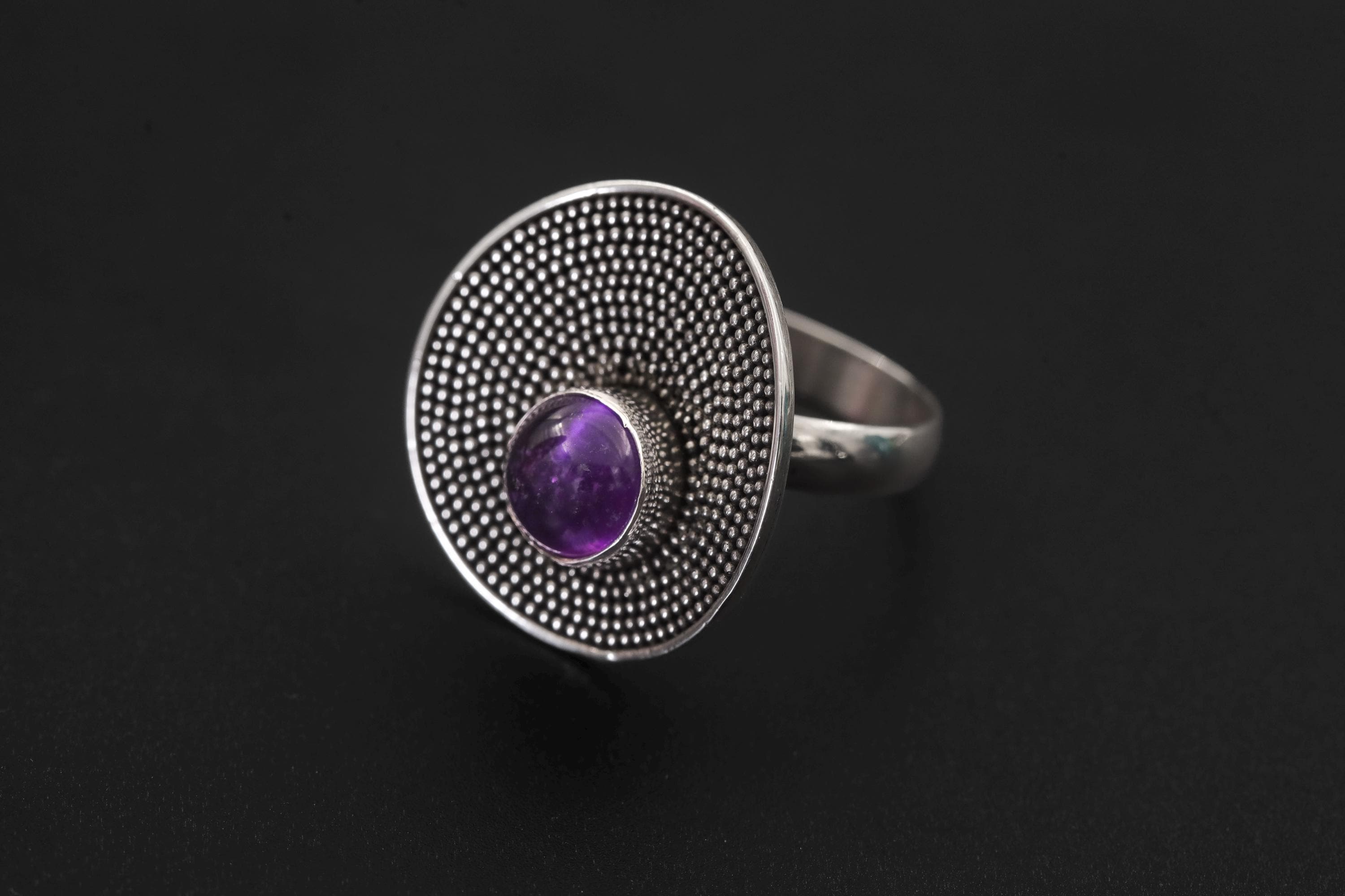 Adjustable Amethyst Ring 925 Sterling Silver Solar Disc Ring Violet Cabochon Crown Chakra Statement Jewelry Gift